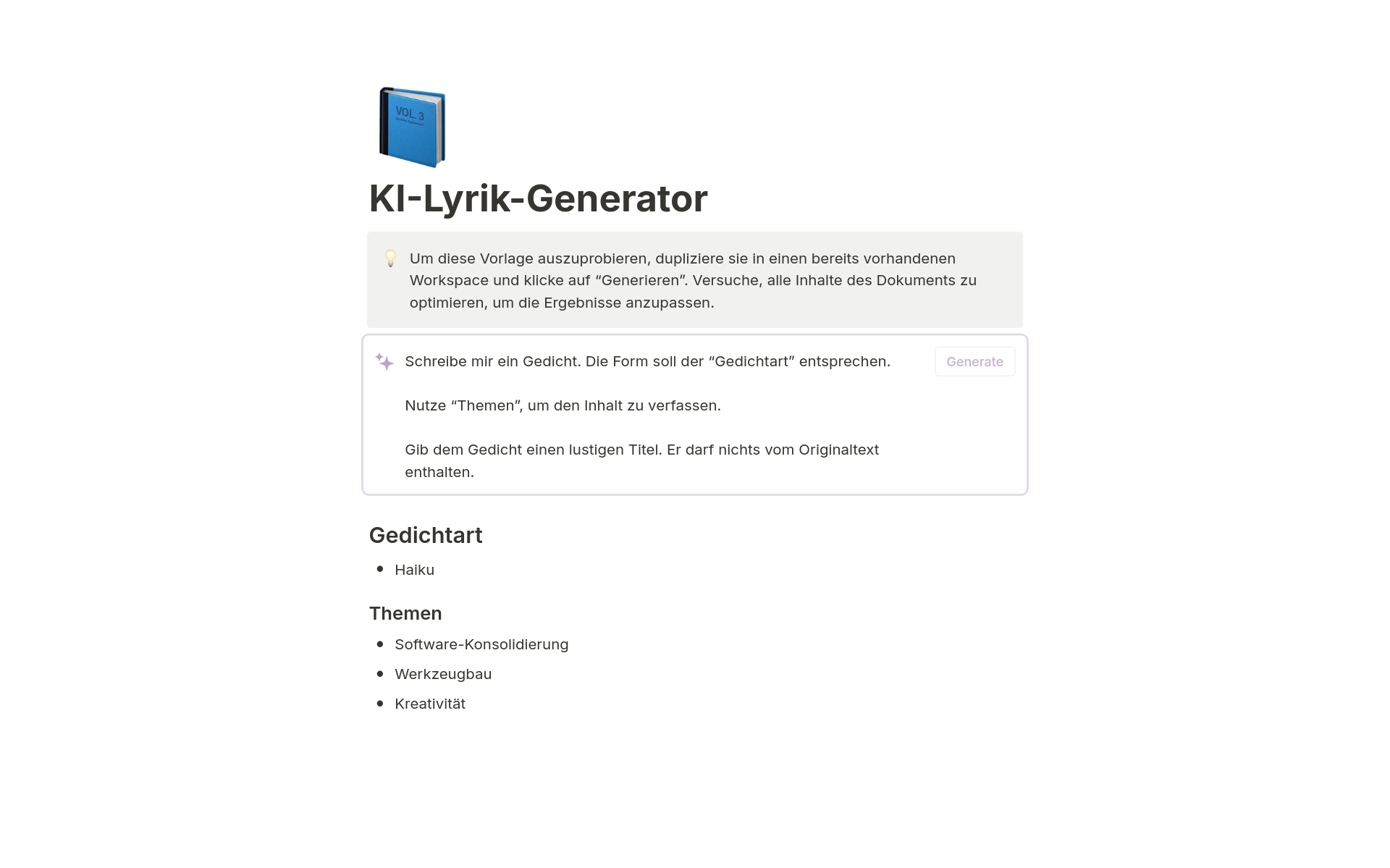 Eine Vorlagenvorschau für KI-Lyrik-Generator