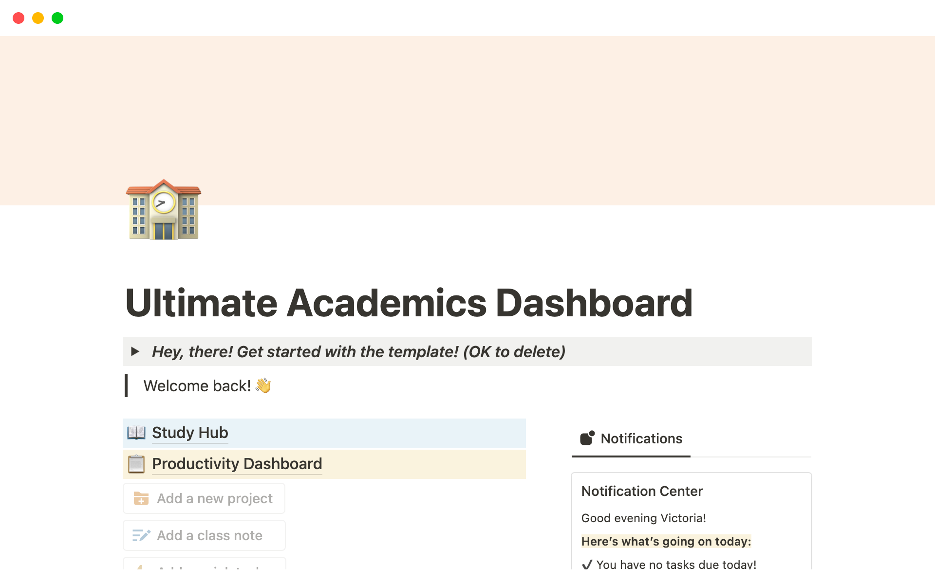 Vista previa de una plantilla para Ultimate Academics Dashboard
