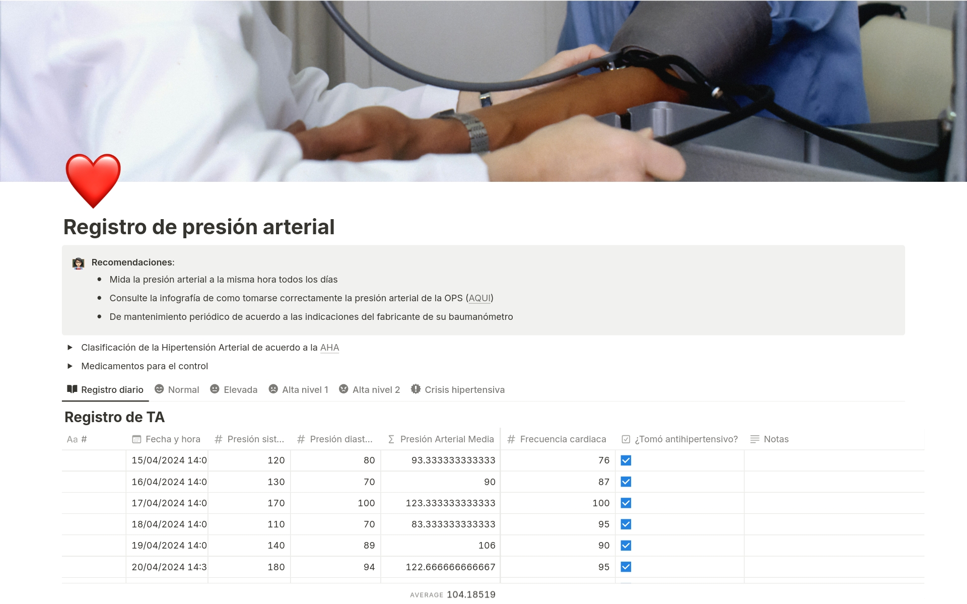 A template preview for Registro de presión arterial