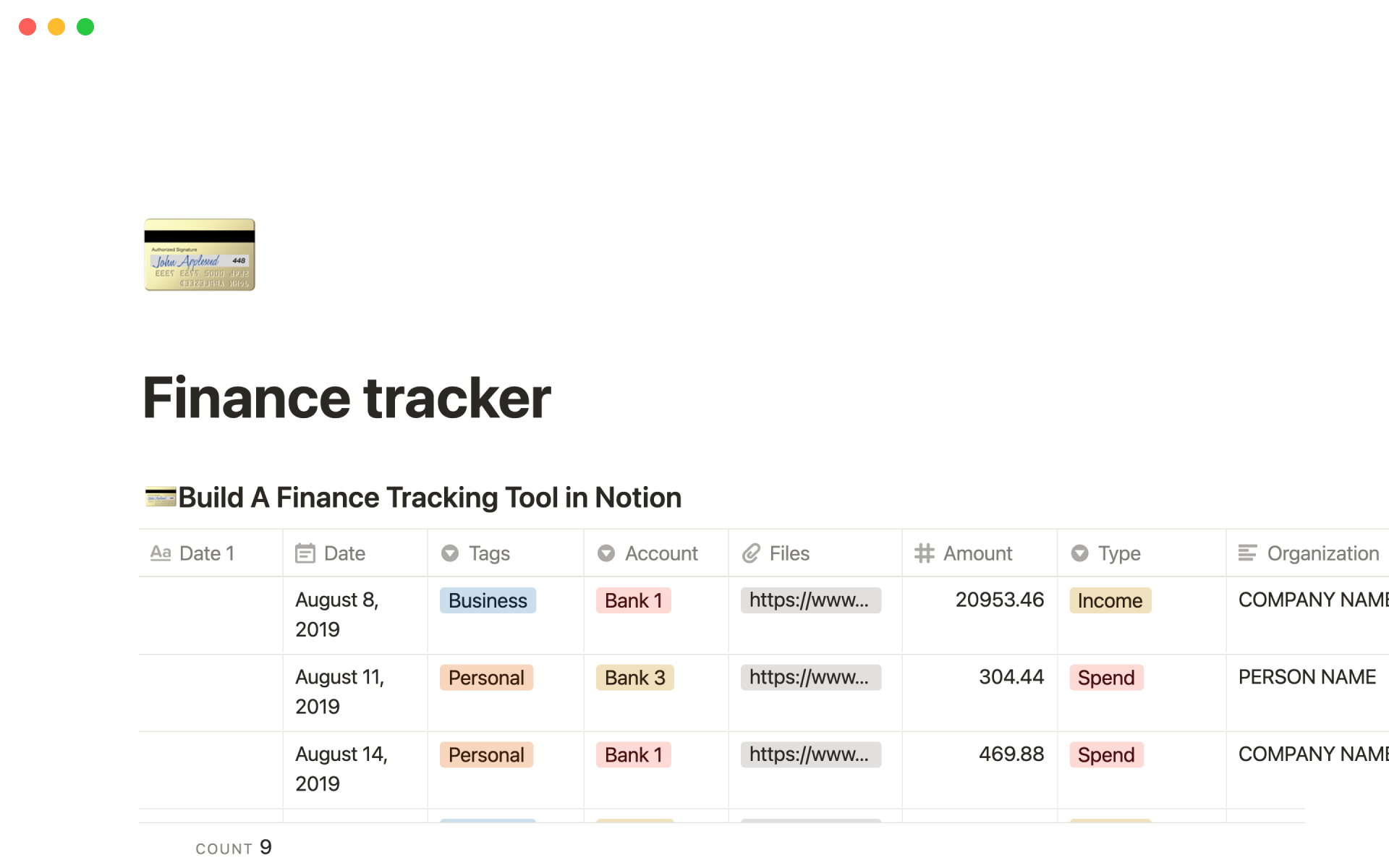 En forhåndsvisning av mal for Finance tracker