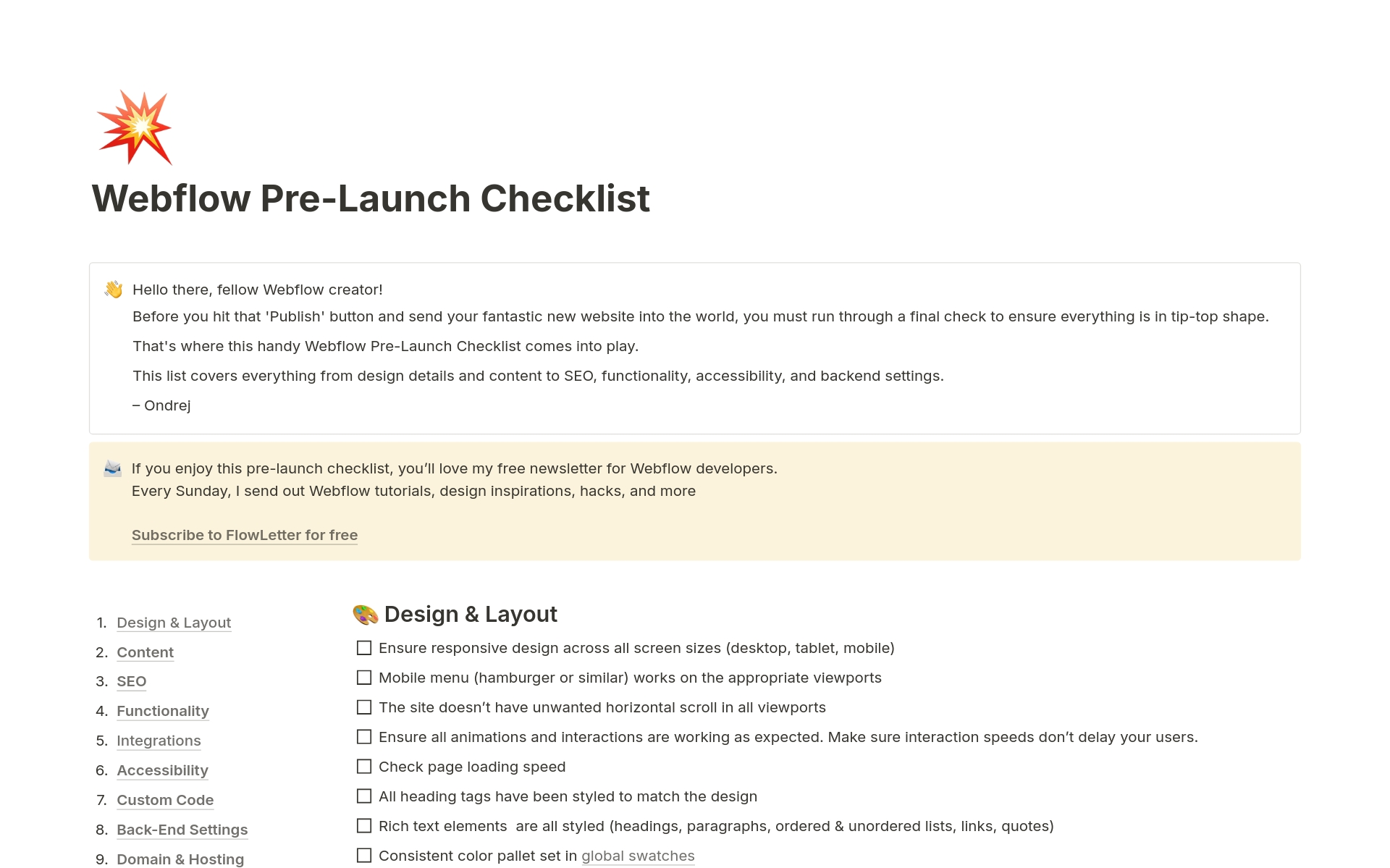 Uma prévia do modelo para Webflow Pre-launch Checklist