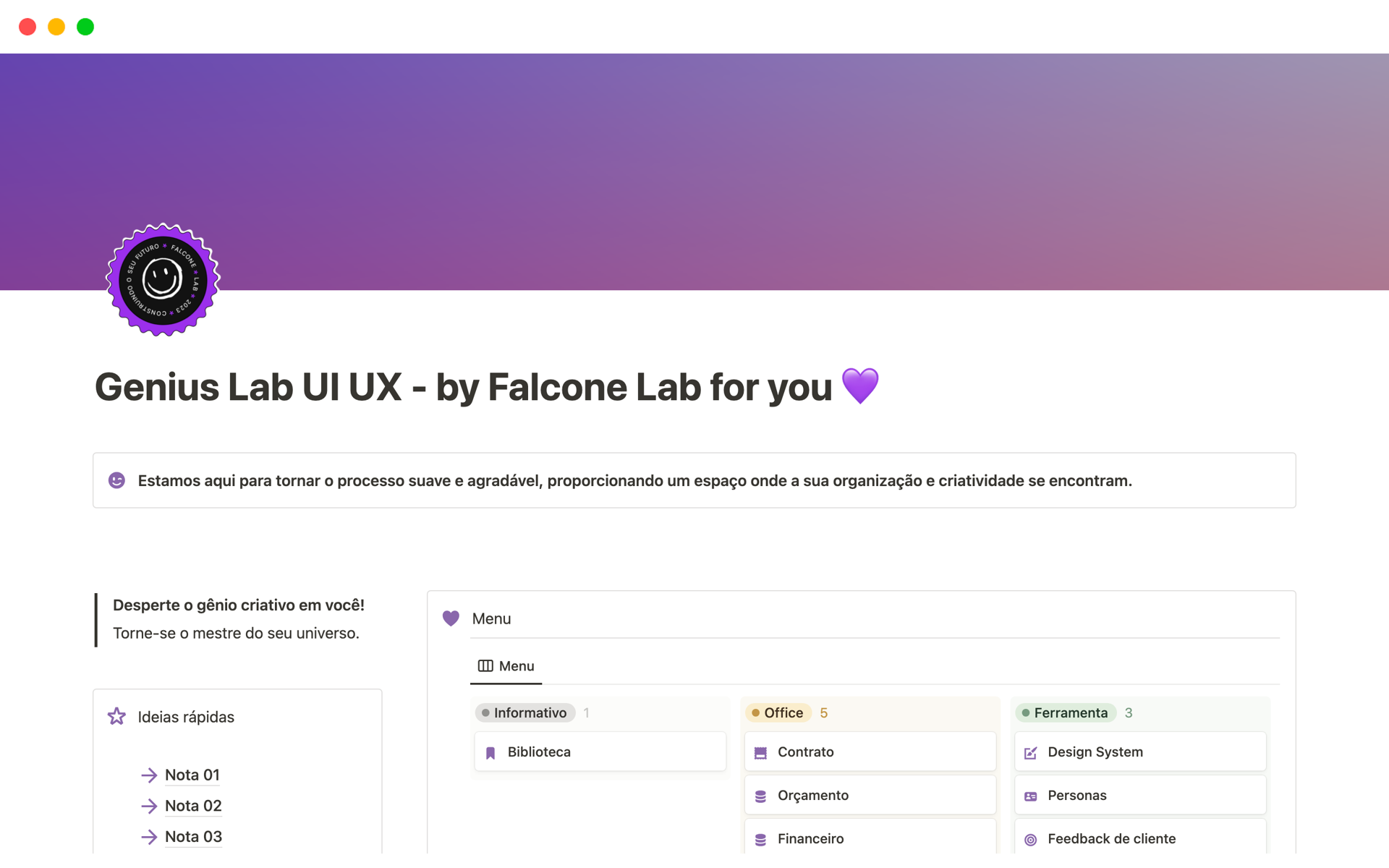 Uma prévia do modelo para Genius Lab UI UX - by Falcone Lab for you 💜