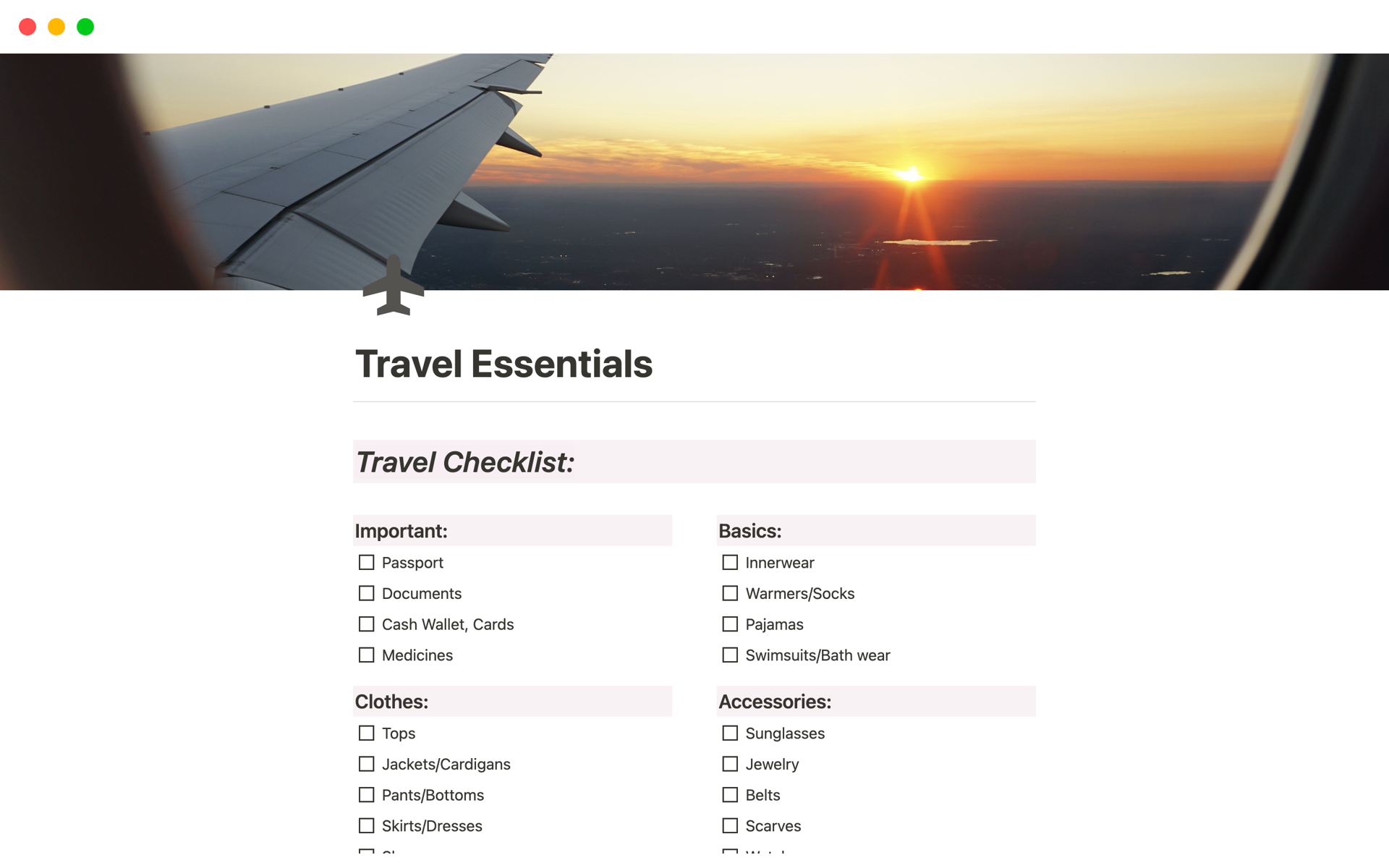 Aperçu du modèle de Travel Essentials