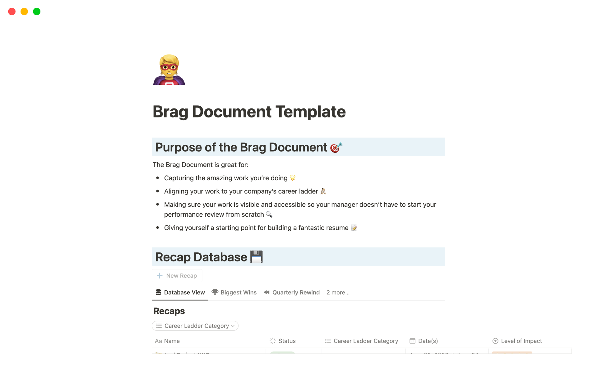 Brag Document Templateのテンプレートのプレビュー