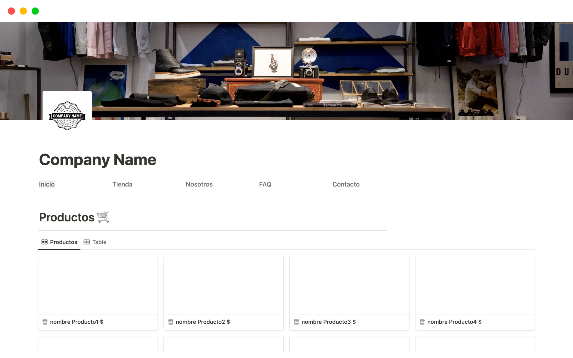 A template preview for Online Store (Tienda virtual)