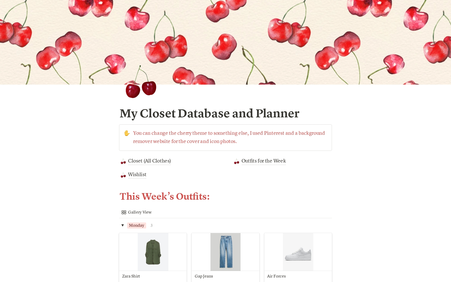 A template preview for Closet Database and Outfit Planner