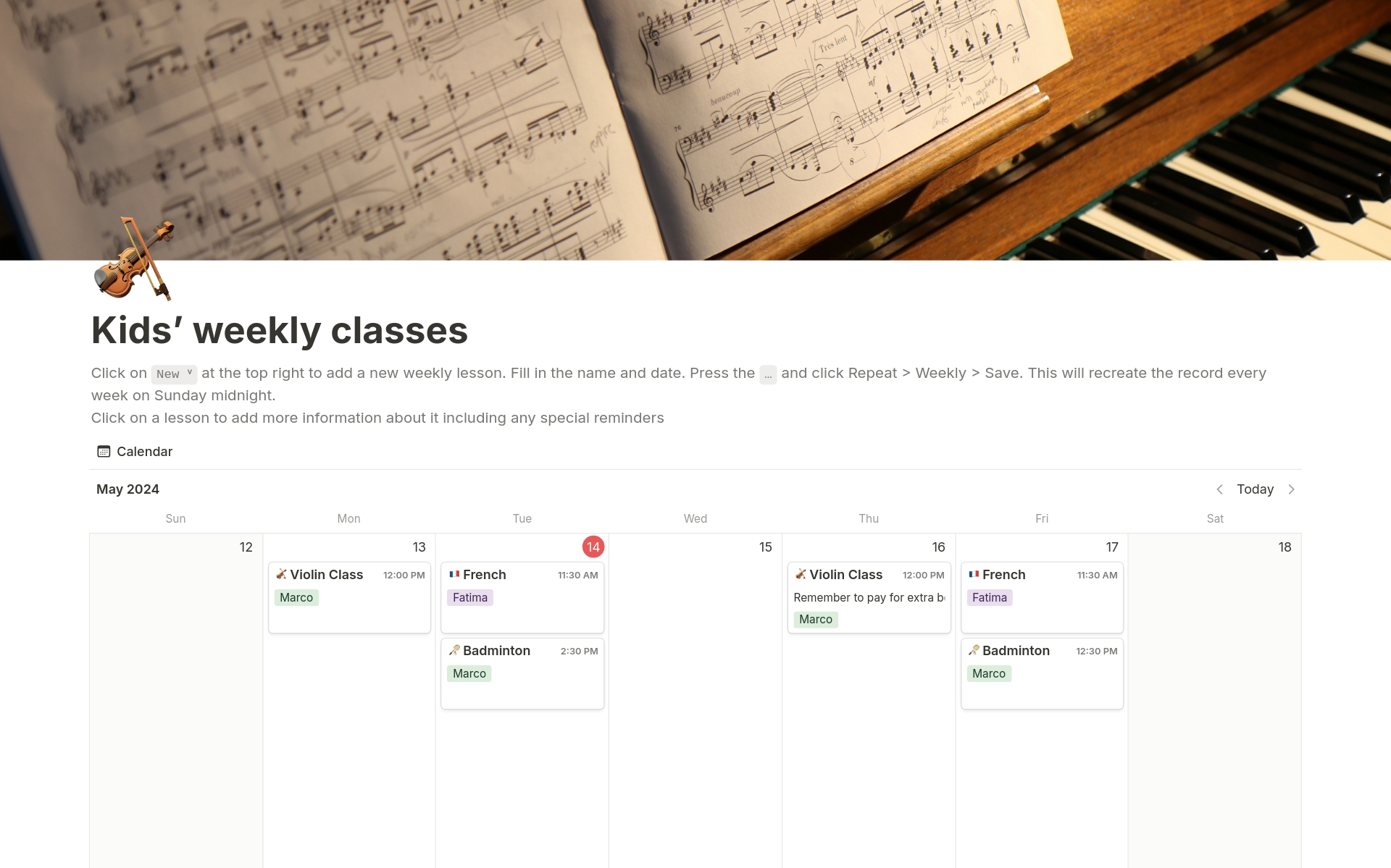 A template preview for Kids’ Weekly Classes Planner
