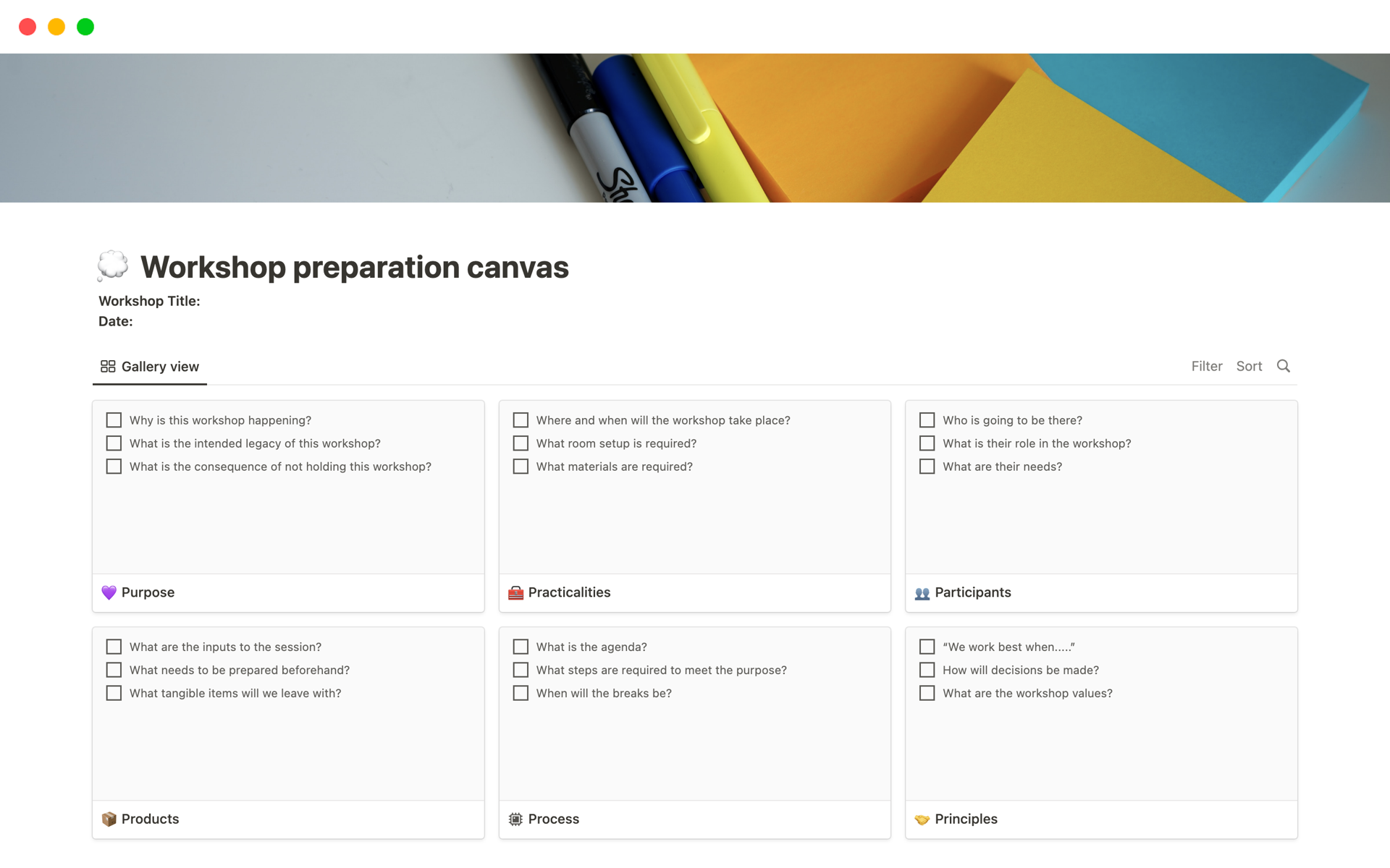 A template preview for Workshop preparation canvas