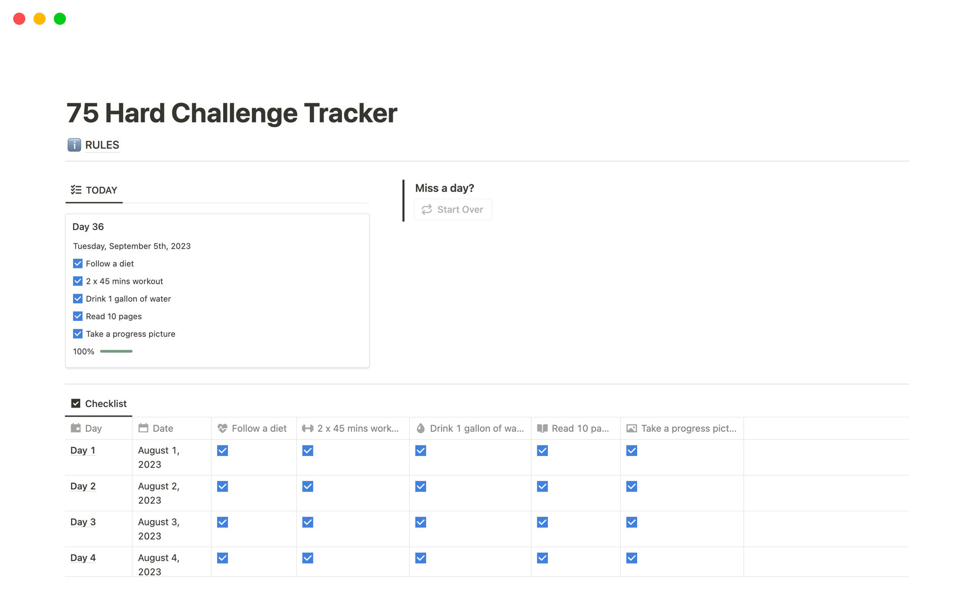 This Notion template will help you track your progress throughout the 75 Hard Challenge.