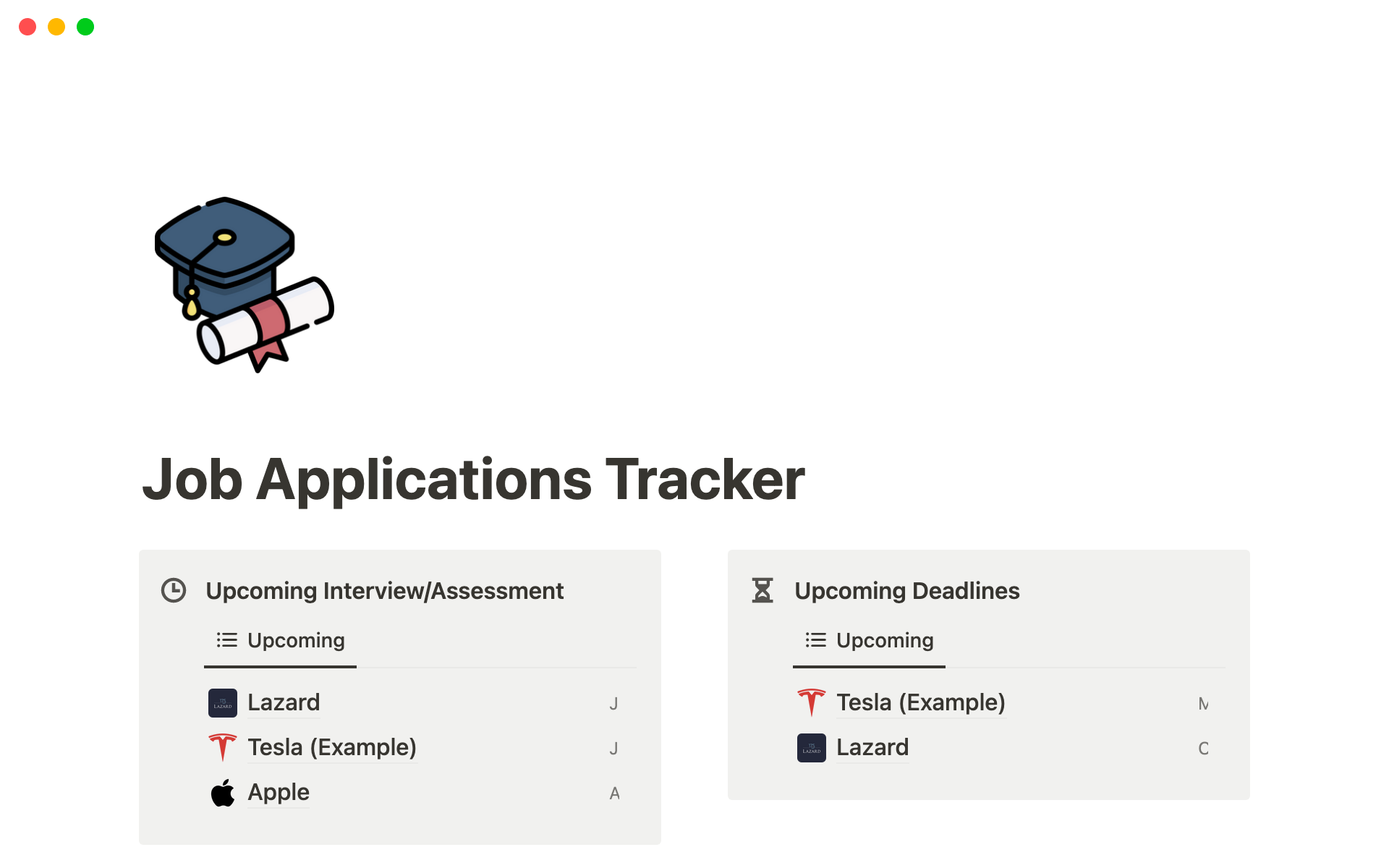 A template preview for Job Applications Tracker