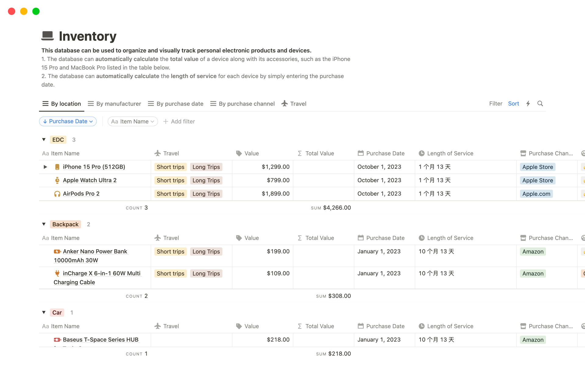 Vista previa de una plantilla para Inventory Tracking with Automatic Calculation