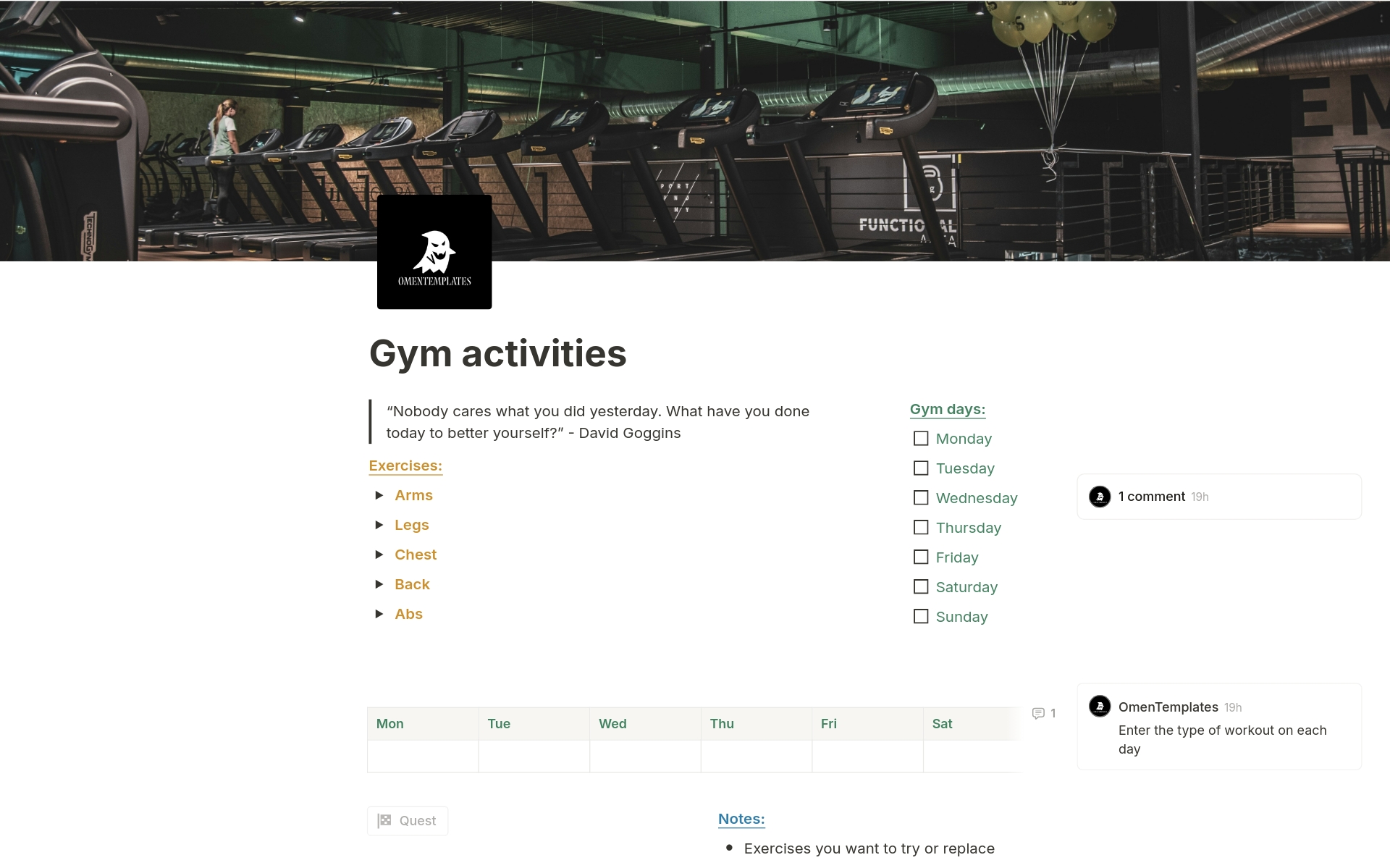 A template preview for Gym activities