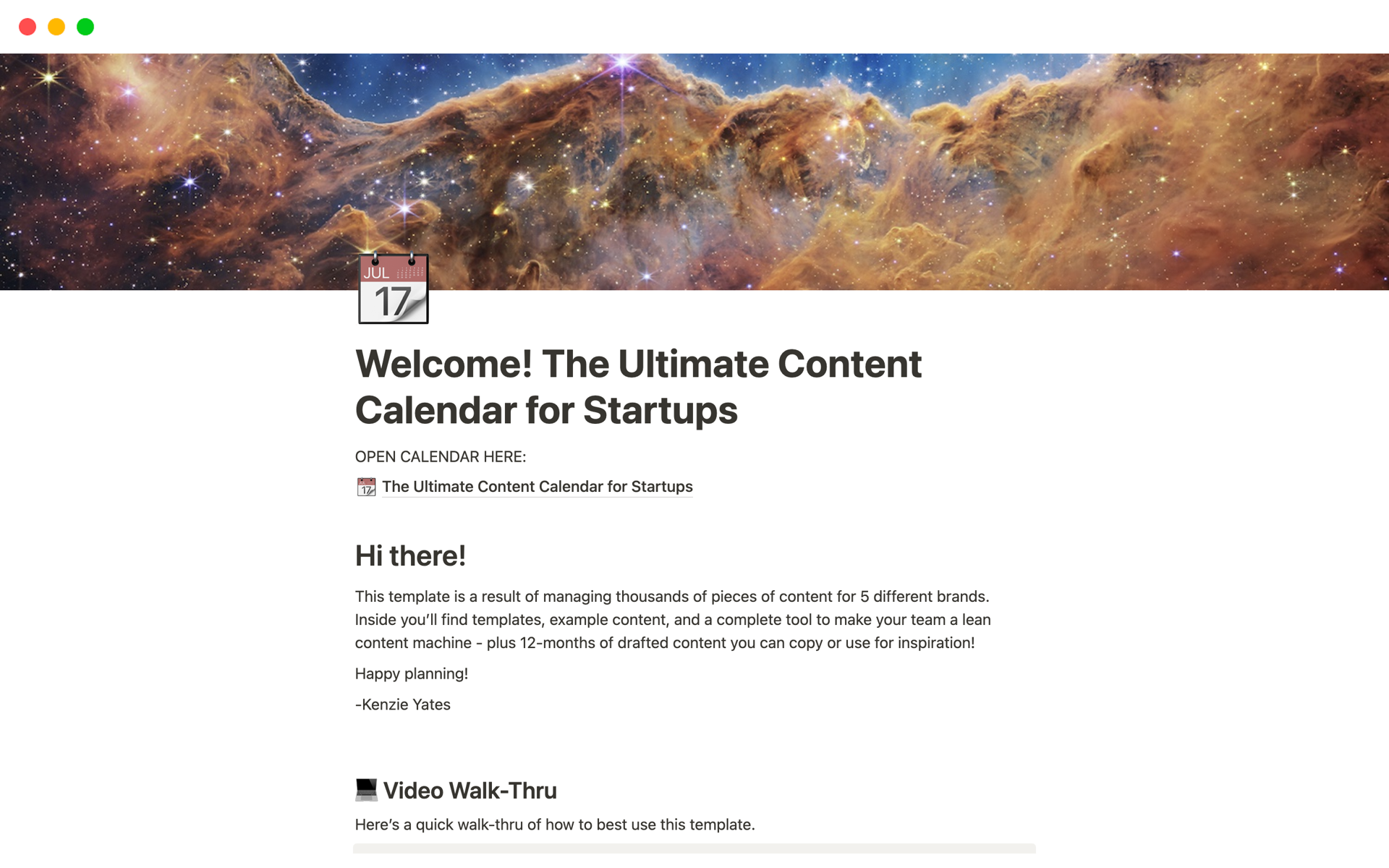Eine Vorlagenvorschau für The Ultimate Content Calendar for Startups
