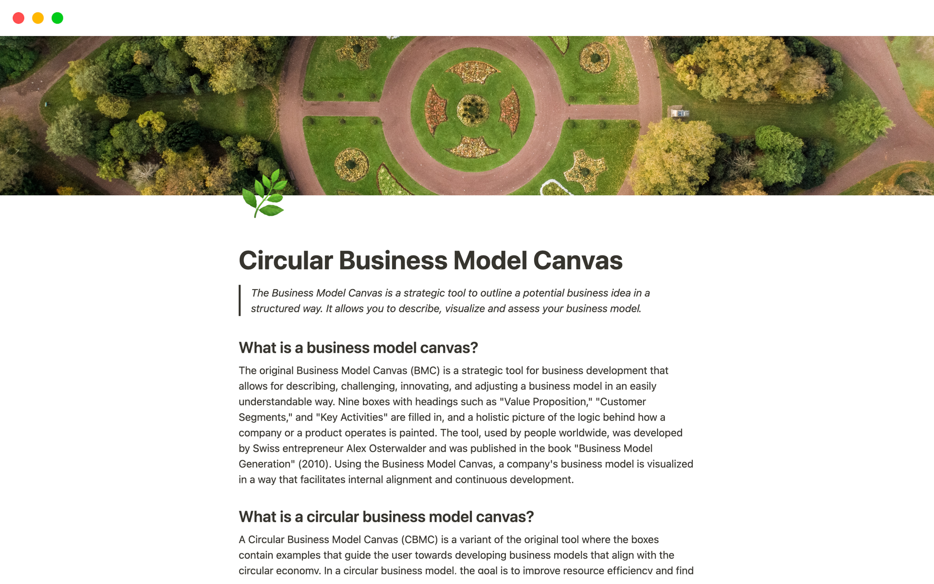 En förhandsgranskning av mallen för Circular Business Model Canvas