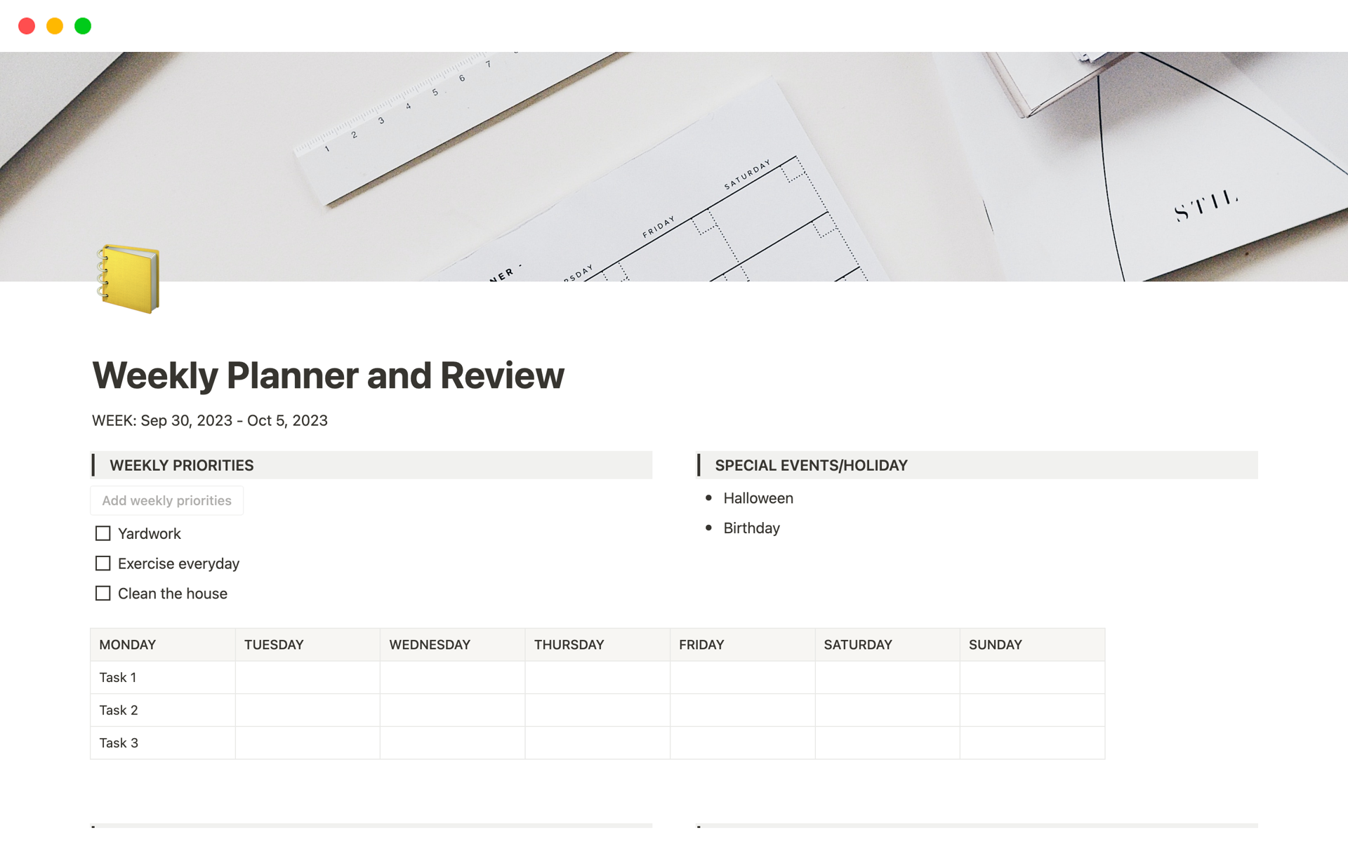 A template preview for Weekly Planner and Review