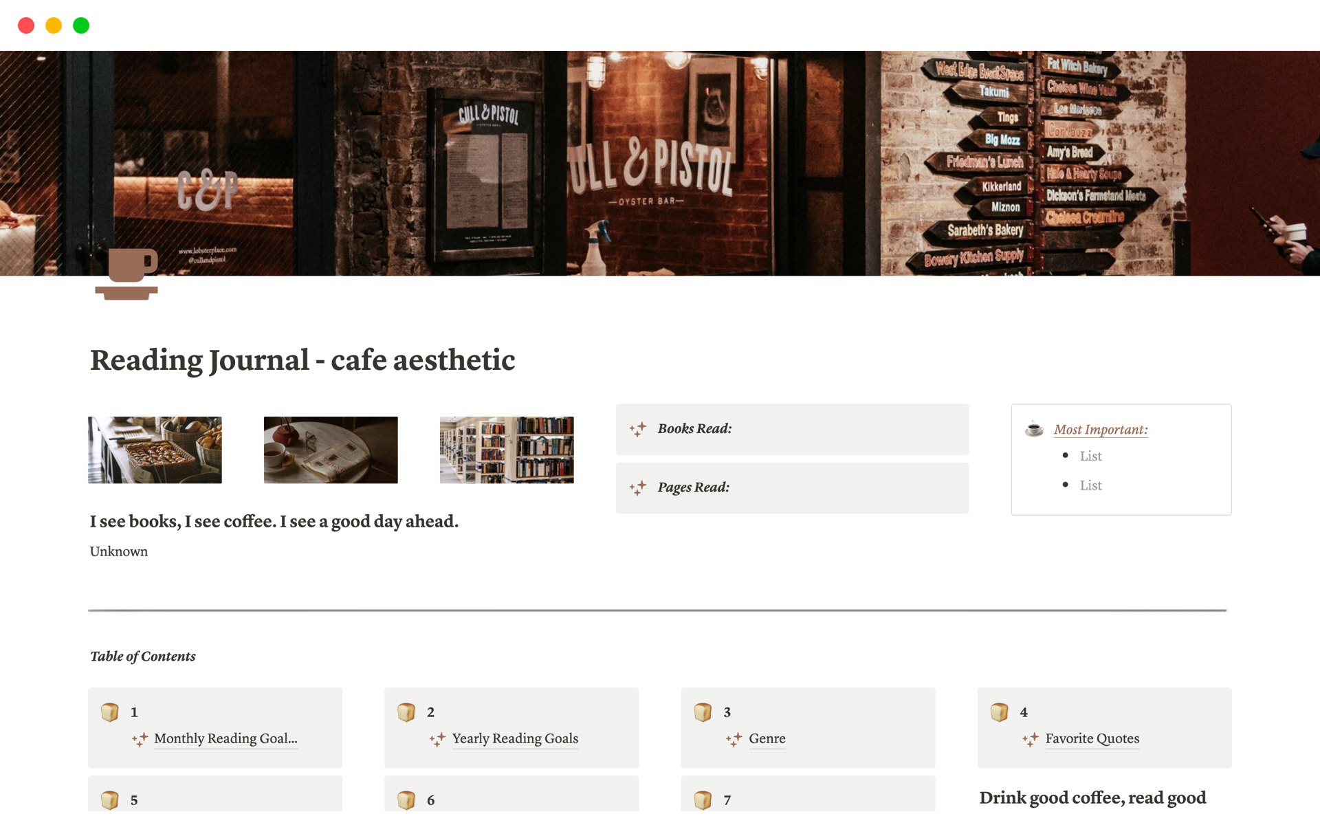 A template preview for Reading Journal - Cafe aesthetic