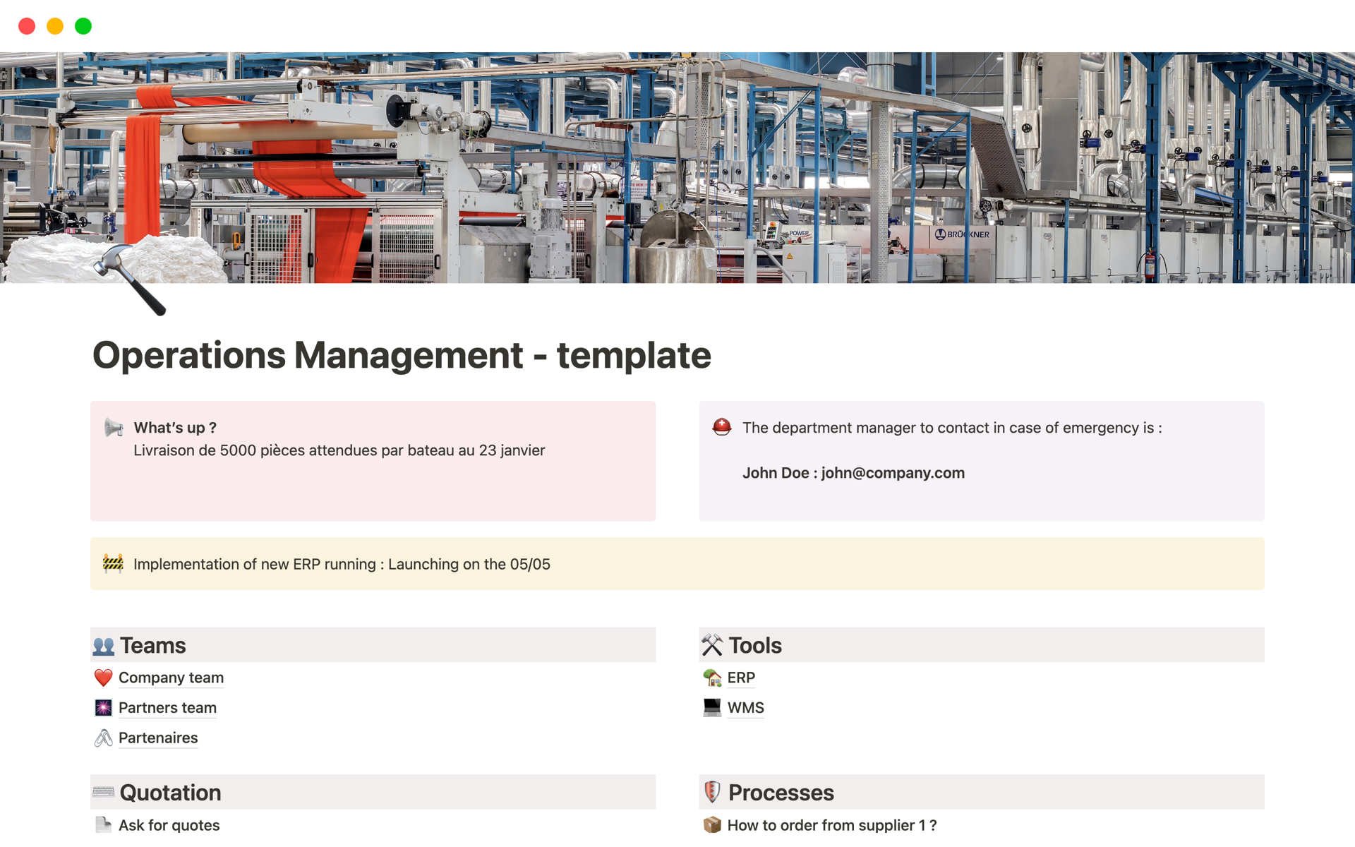 Manage your operations (manufacturing and logistics) quickyly with this Notion template !