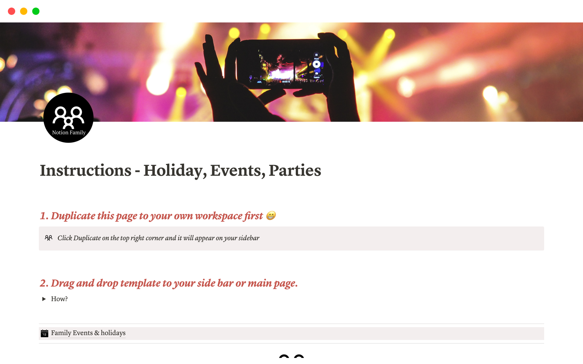A template preview for Family Holidays, Events and Parties