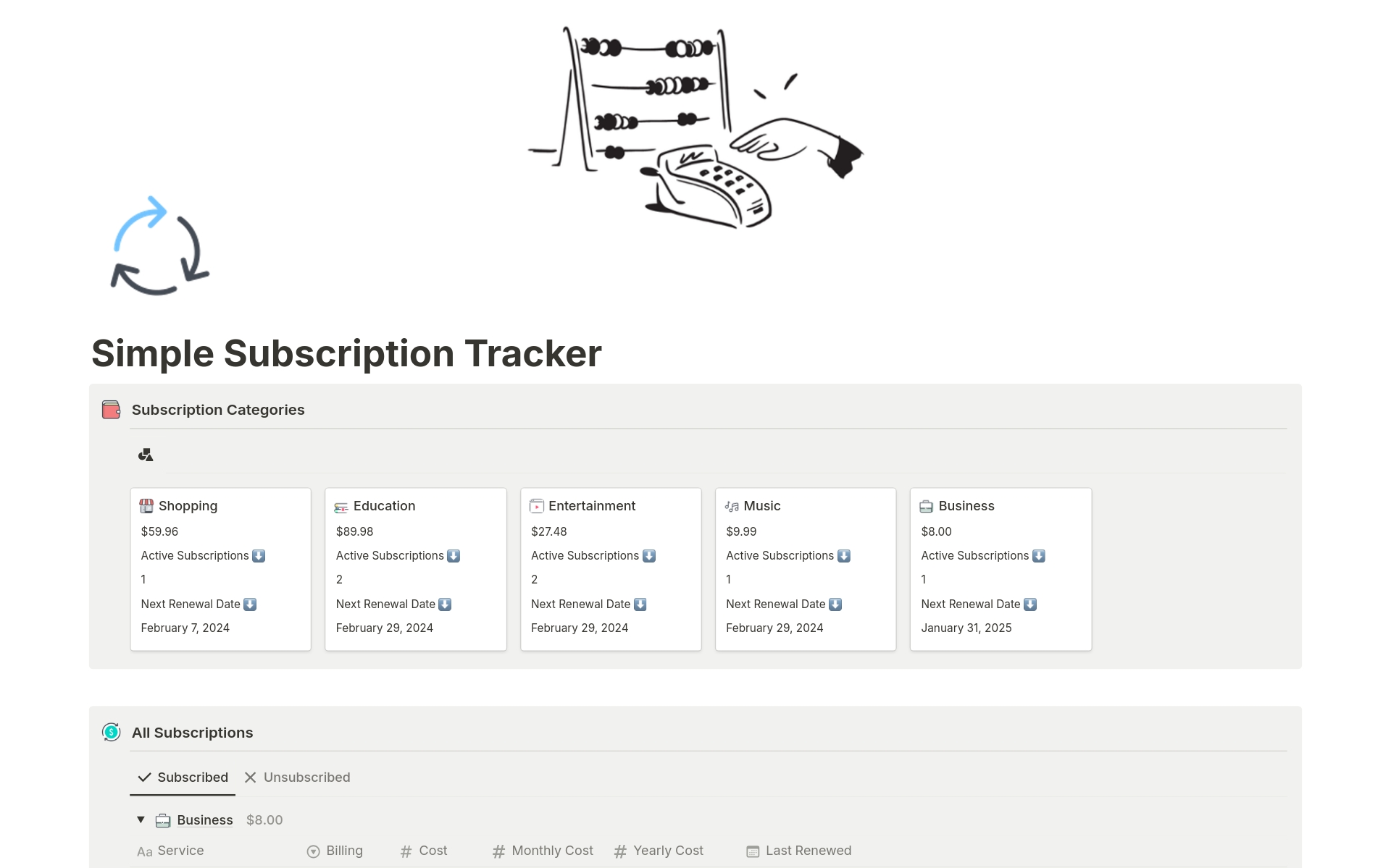 En förhandsgranskning av mallen för Simple Subscription Tracker
