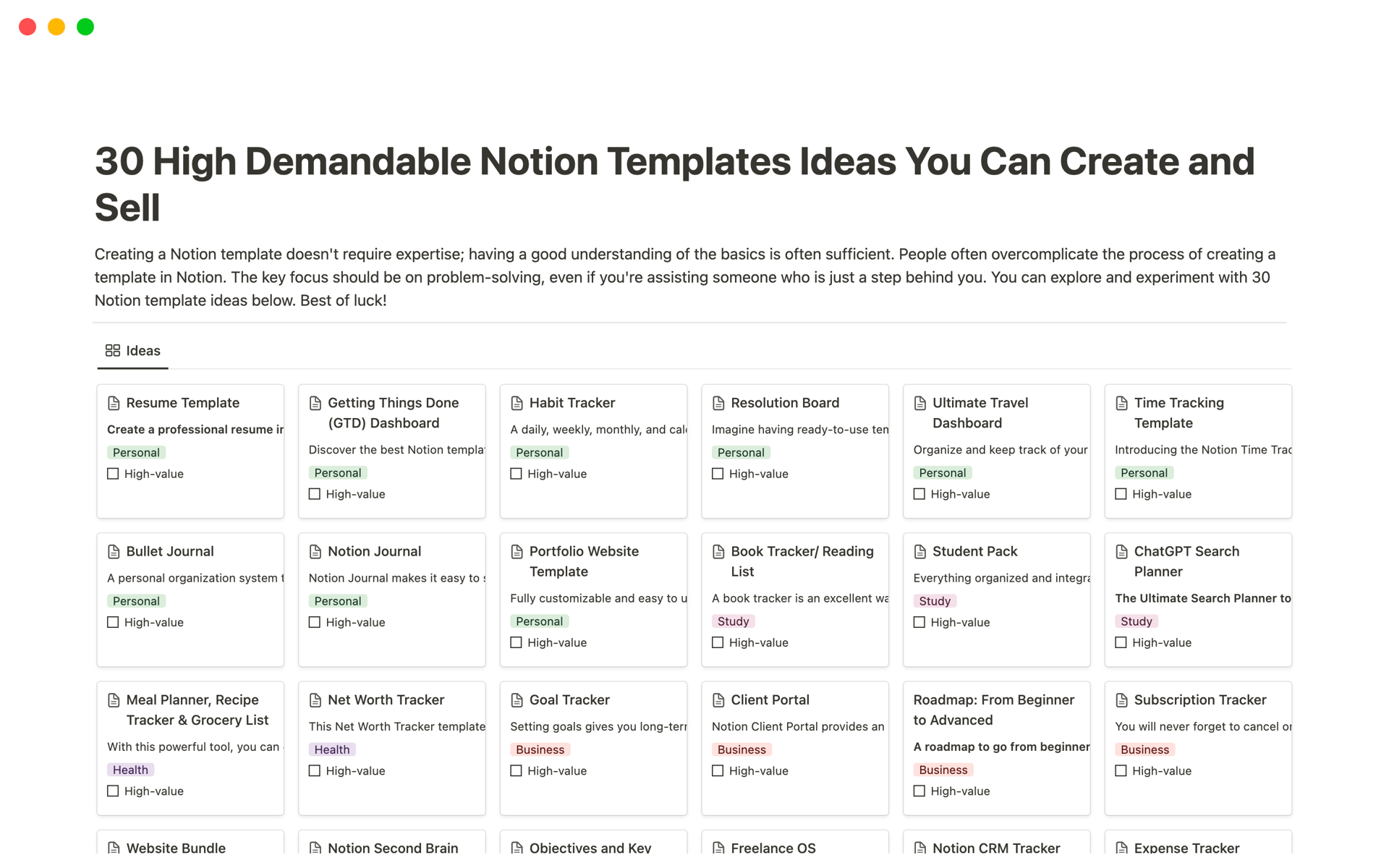 A template preview for 30 High Demandable Notion Templates Ideas