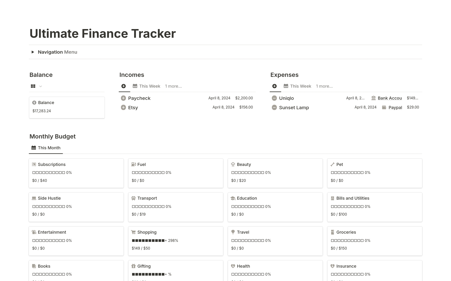 With Ultimate Notion Finance Tracker, you can save money and optimize your budget. Organize and analyze your cash flow, so you can see the big picture of your finances and make better financial decisions.