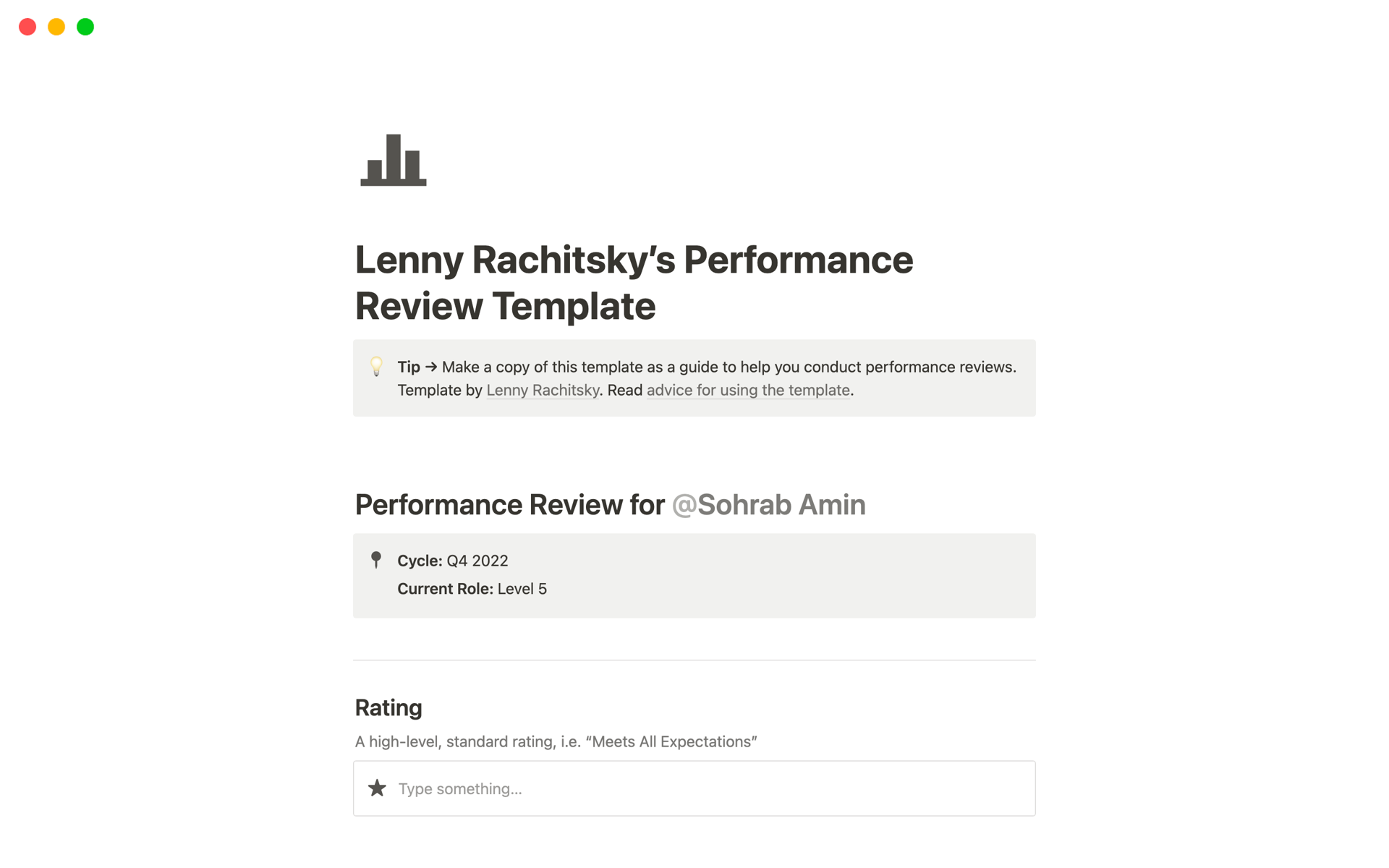 A template preview for Performance Review