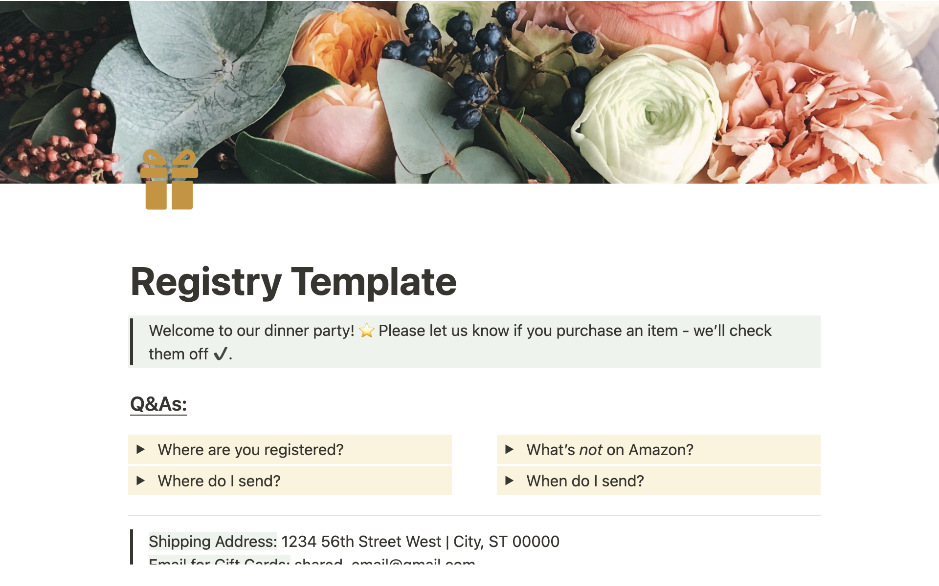 Fillable wedding registry to link everything in one place!