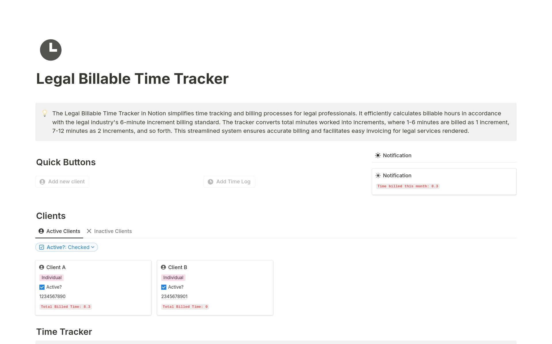 The Legal Billable Time Tracker in Notion simplifies time tracking and billing processes for legal professionals. It efficiently calculates billable hours in accordance with the legal industry's 6-minute increment billing standard.