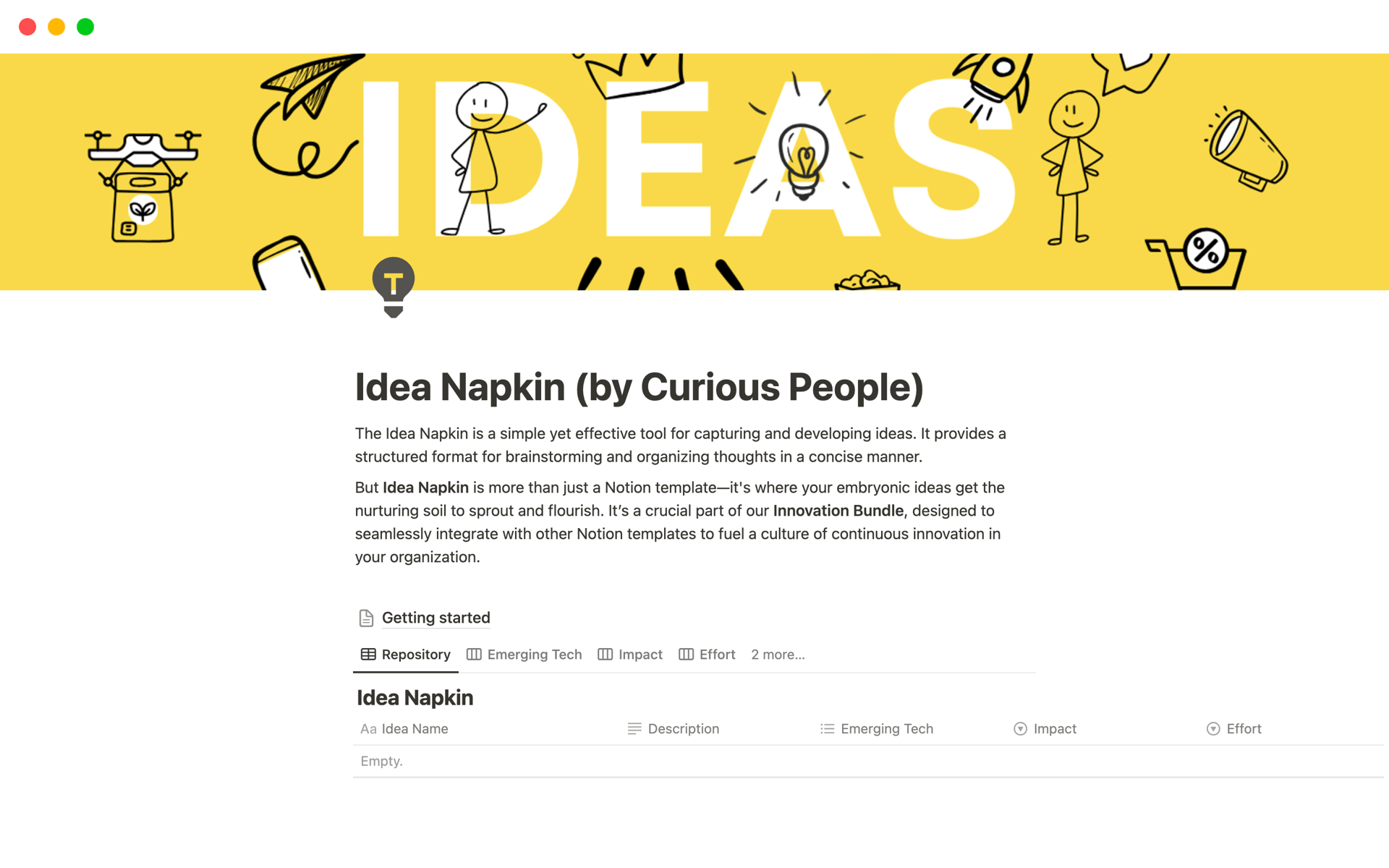 
Idea Napkin, more than a Notion template, is where embryonic ideas find fertile ground to grow. A vital part of our Innovation Bundle, it seamlessly meshes with other templates, fueling a culture of ceaseless innovation in your organization. It's where your ideas blossom.