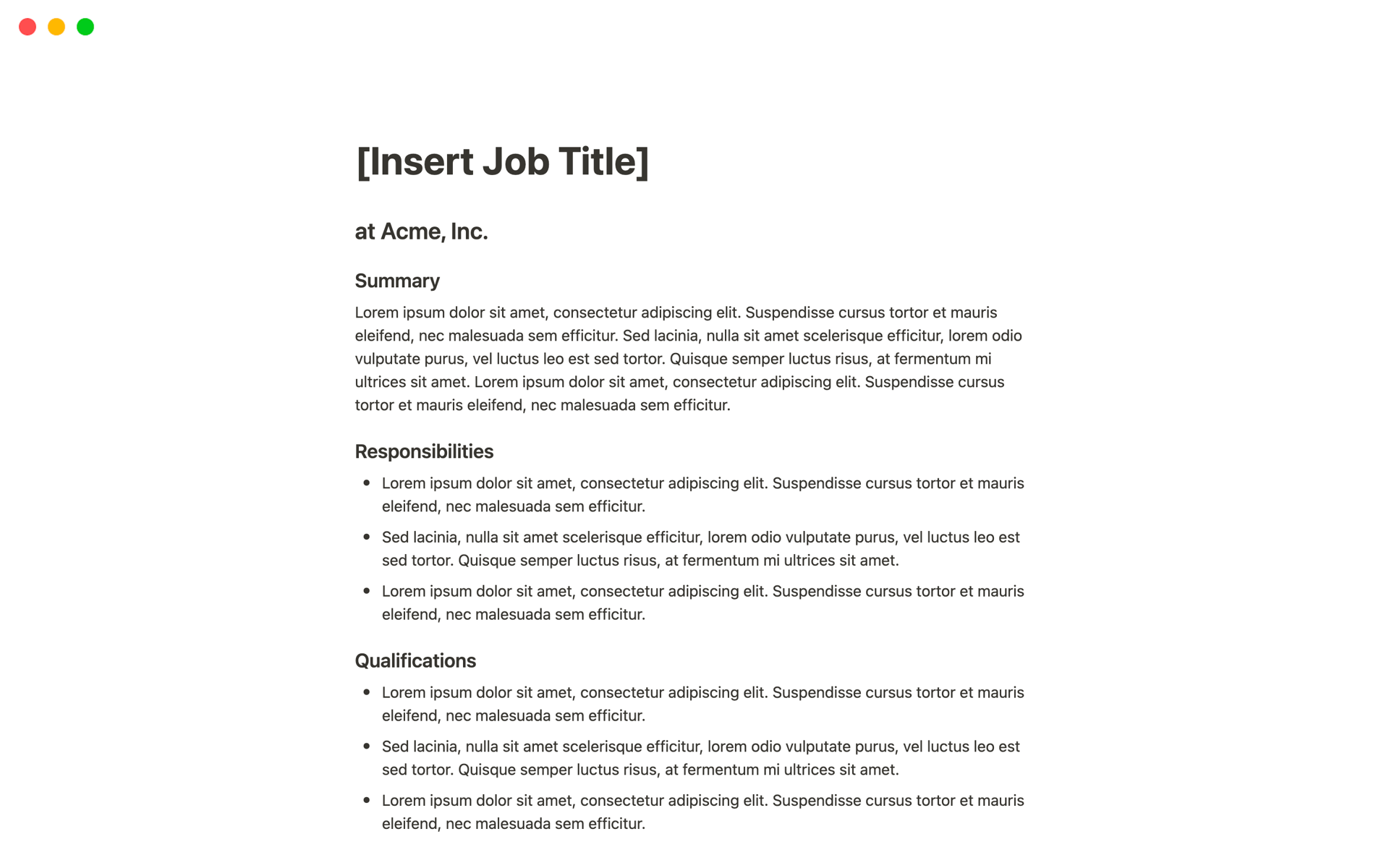 A template preview for Job Description