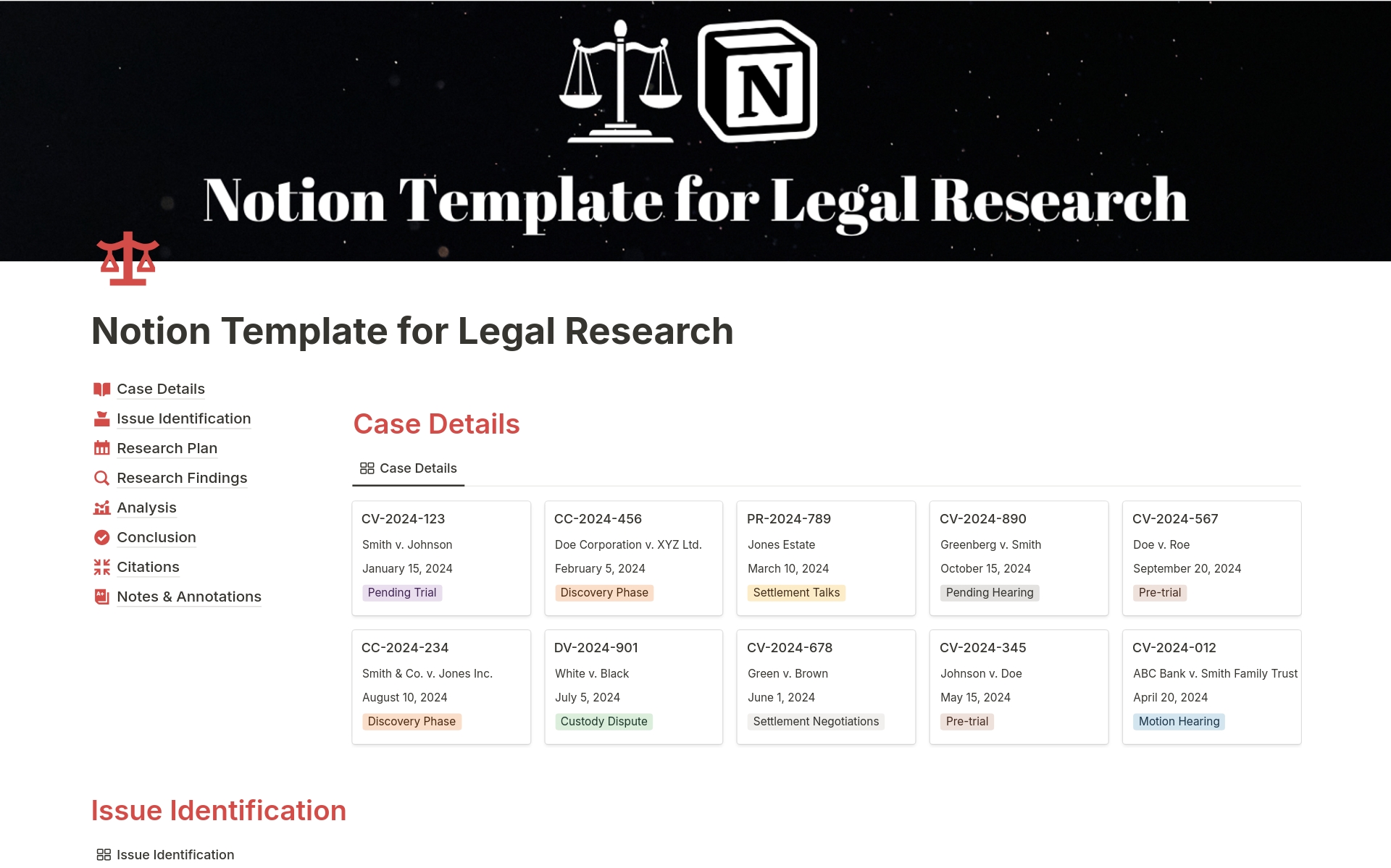 Unlock efficient legal research with our Notion Template tailored for legal professionals. Seamlessly organize case law, statutes, and annotations in one centralized platform. Elevate your research workflow and streamline case analysis with ease.