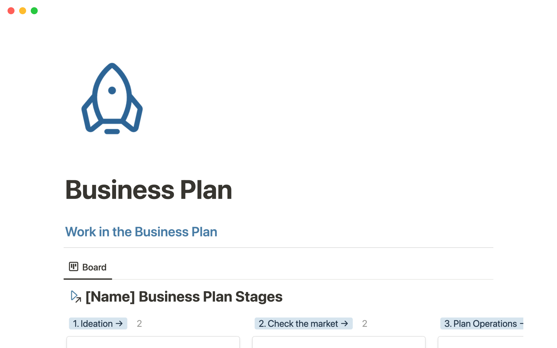 A template preview for Business plan workspace