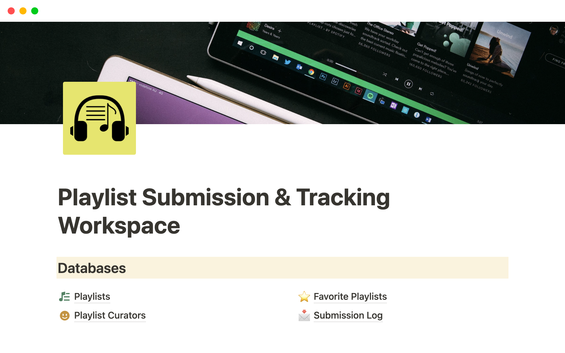 A template preview for Playlist Submission & Tracking Workspace