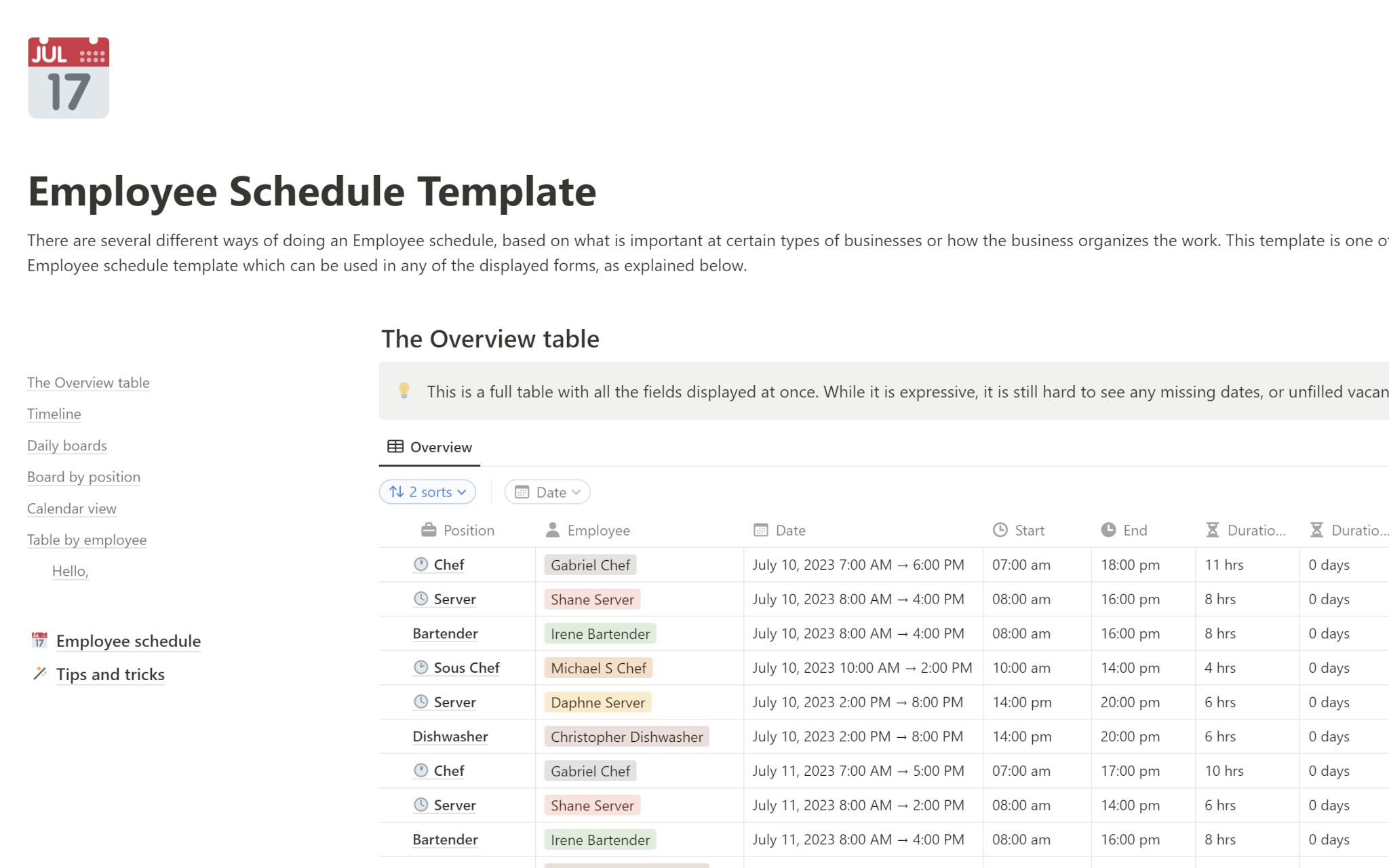 A template preview for Employee schedule