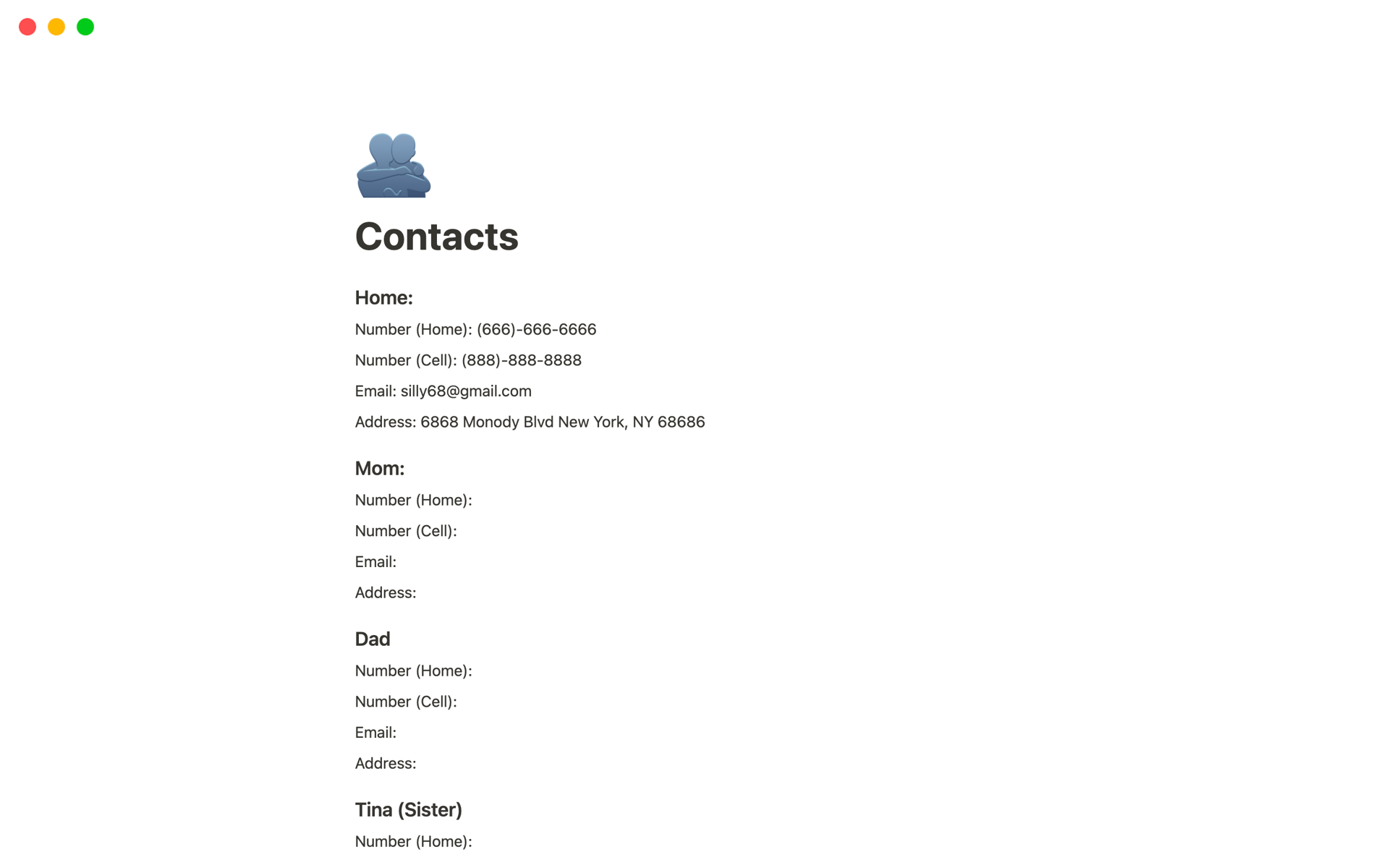 A template preview for Contacts