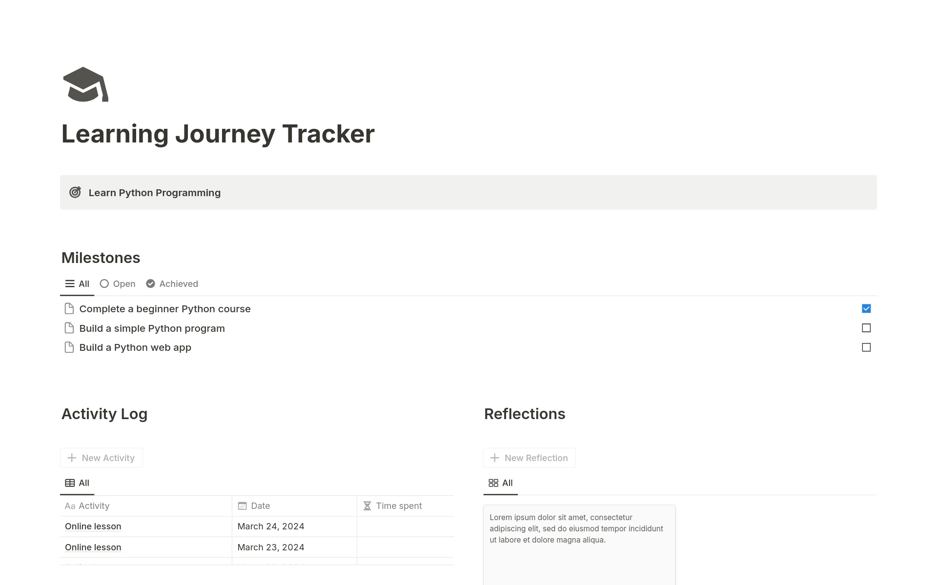Vista previa de una plantilla para Learning Journey Tracker
