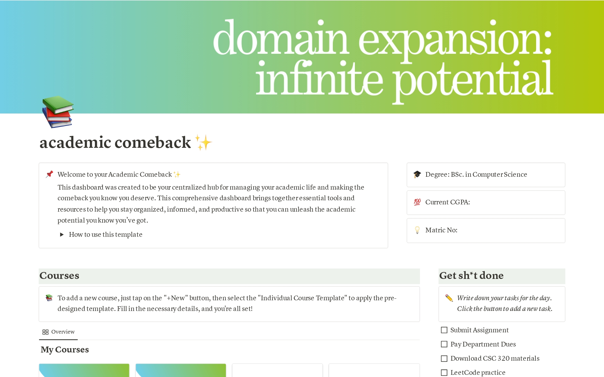 A template preview for Academic Comeback Dashboard