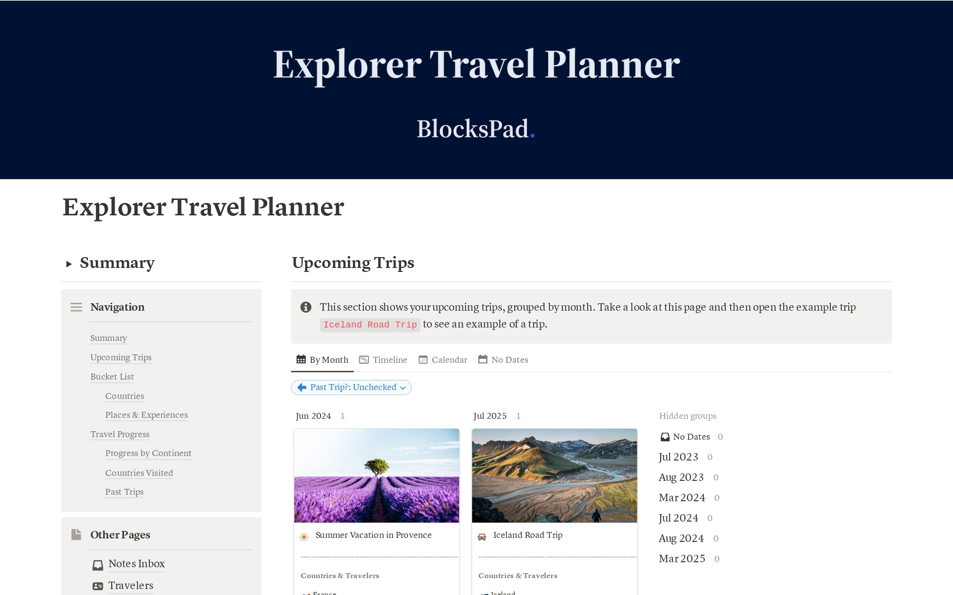Vista previa de una plantilla para Explorer Travel Planner