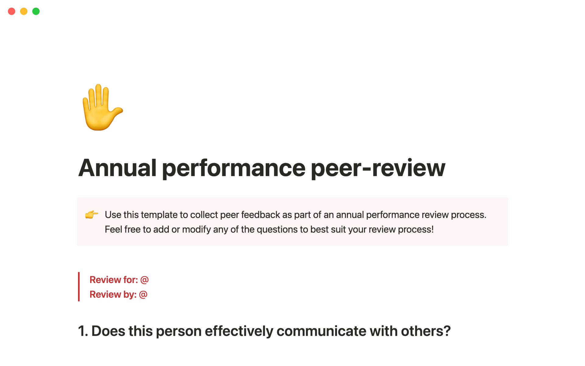 Vista previa de plantilla para Annual performance peer-review