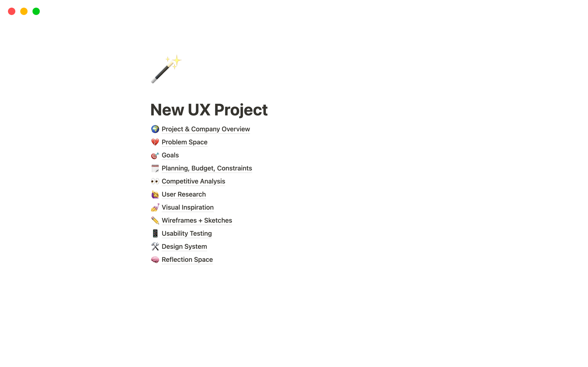 This template provides the perfect starting point for a New UX Project. Use the structure proposed in it to start documenting your project and slowly unpack the design problem space you're solving for.
