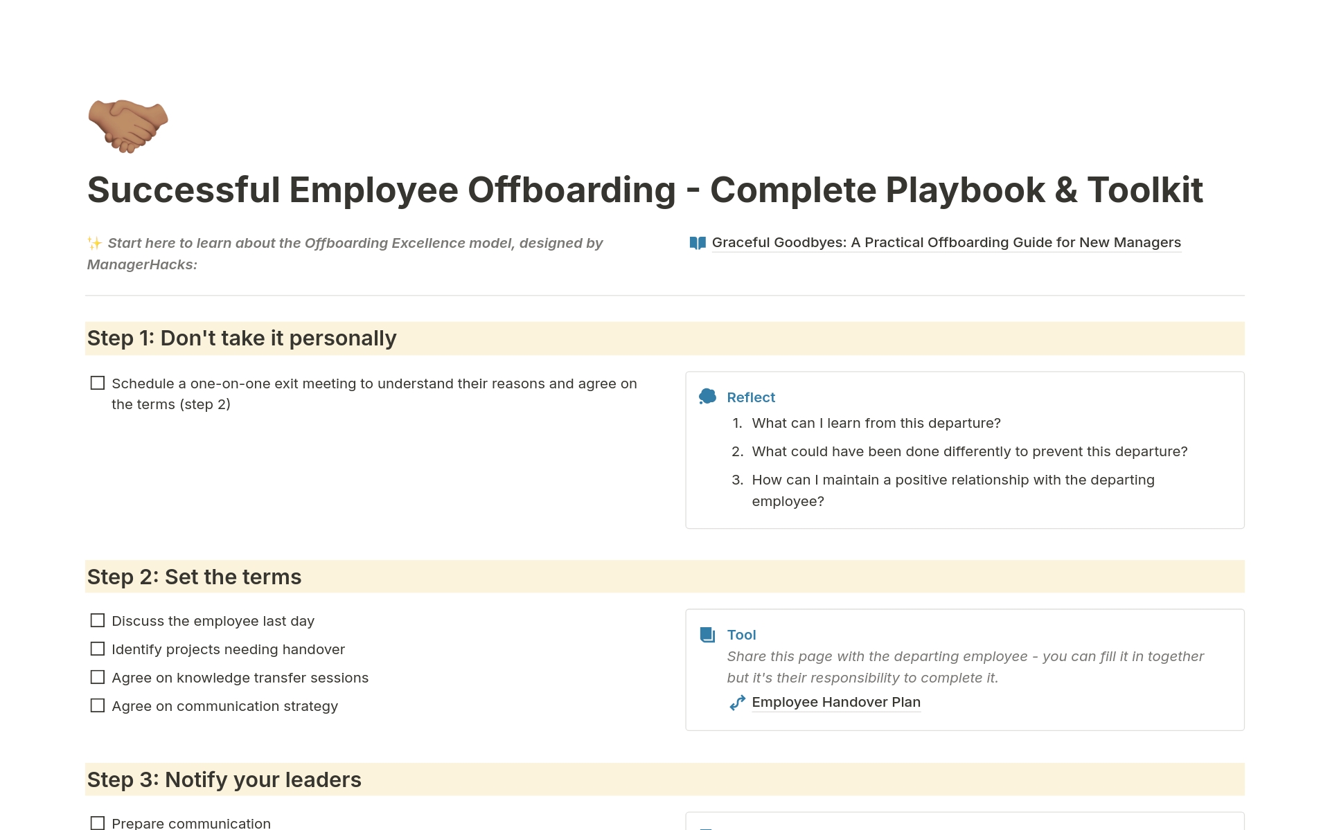 This template guides managers through the employee offboarding process, ensuring a thoughtful and comprehensive approach to managing an employee's departure.