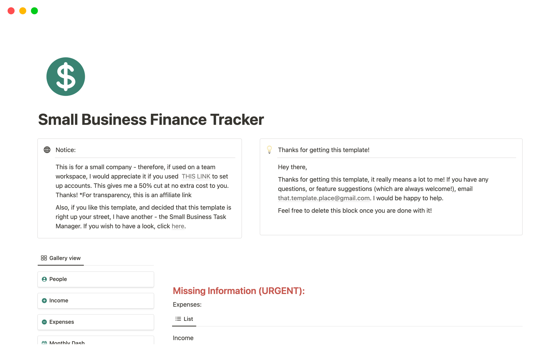 Vista previa de una plantilla para Small Business Finance Manager