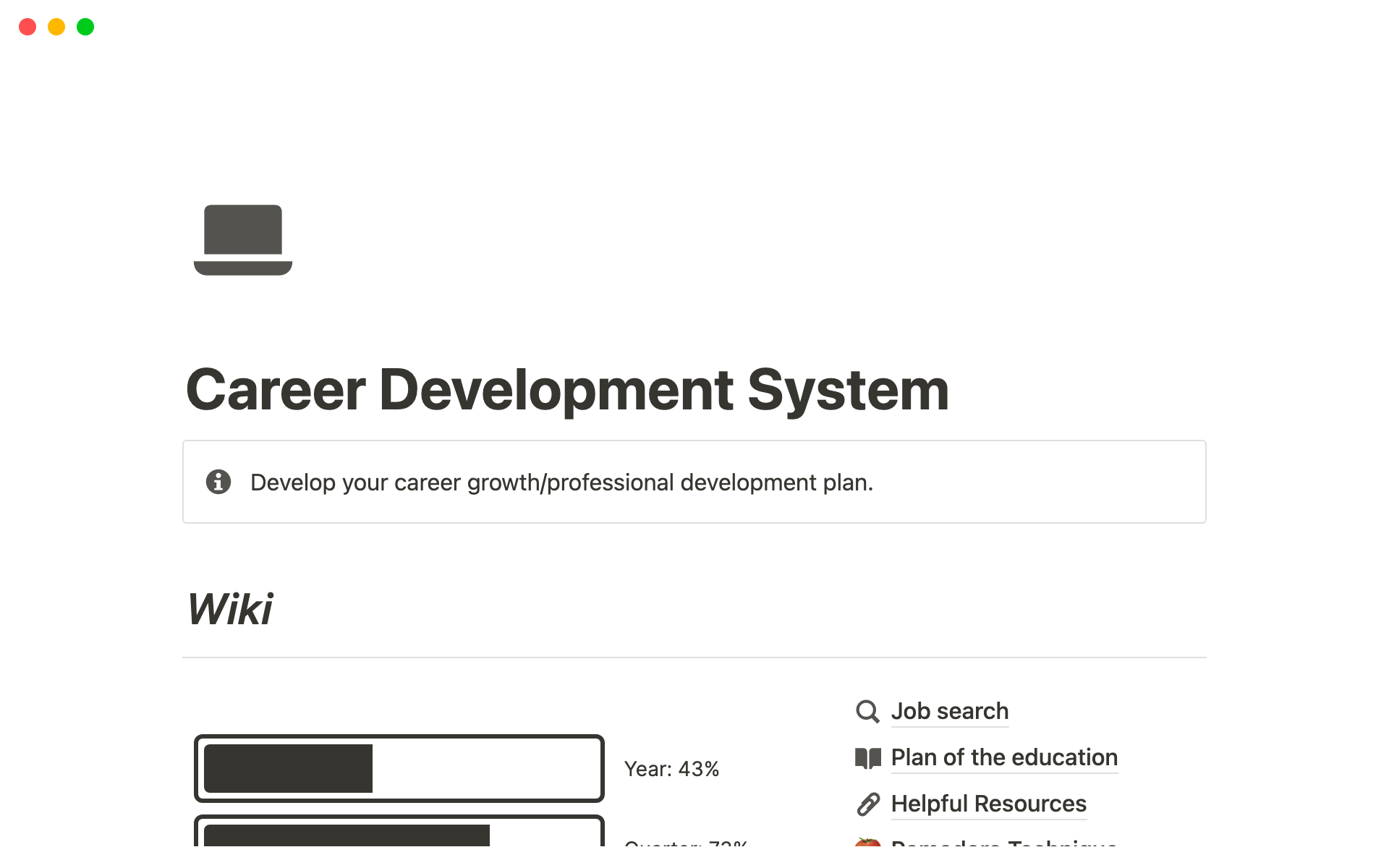 A template preview for Career Development System
