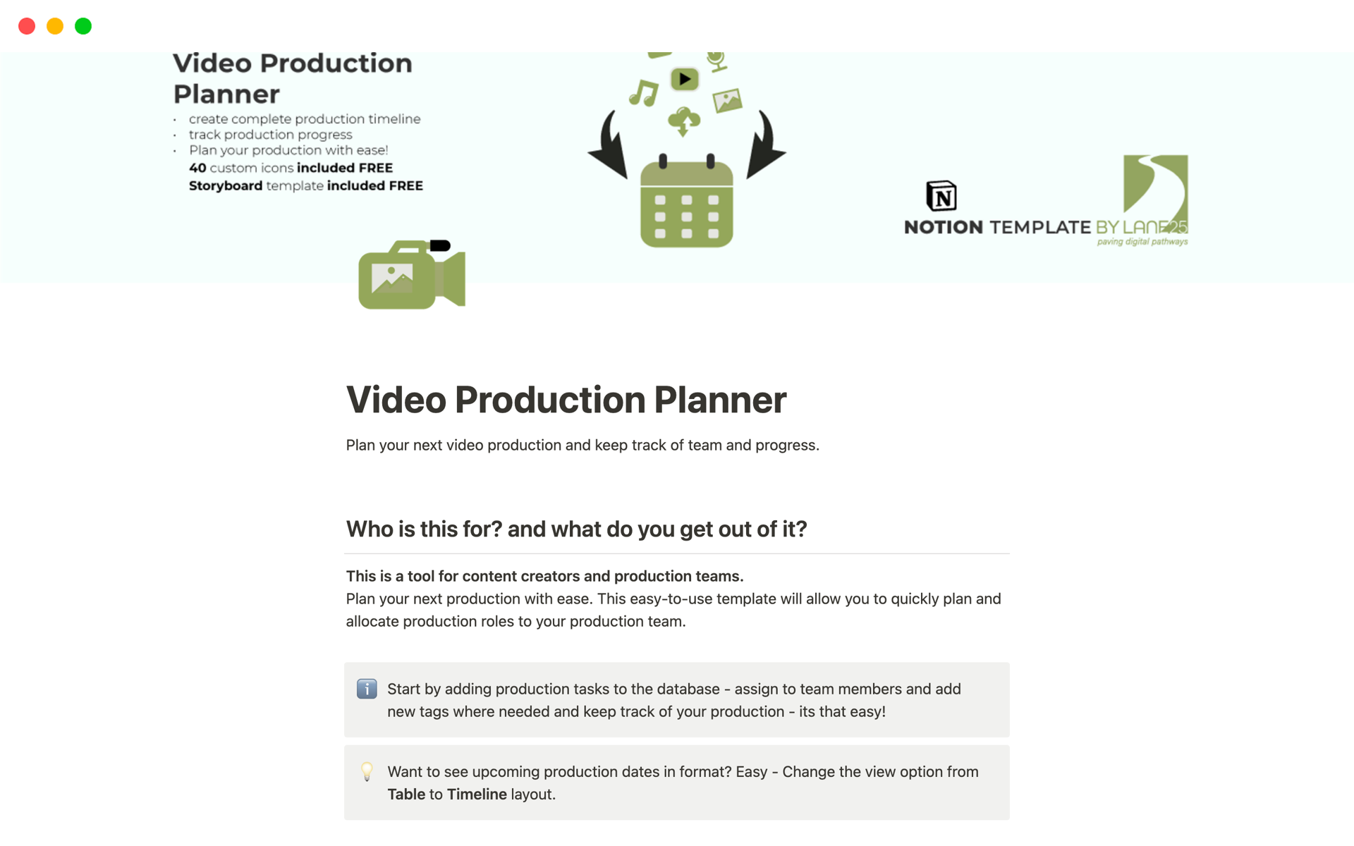 Vista previa de una plantilla para Video Production Planner