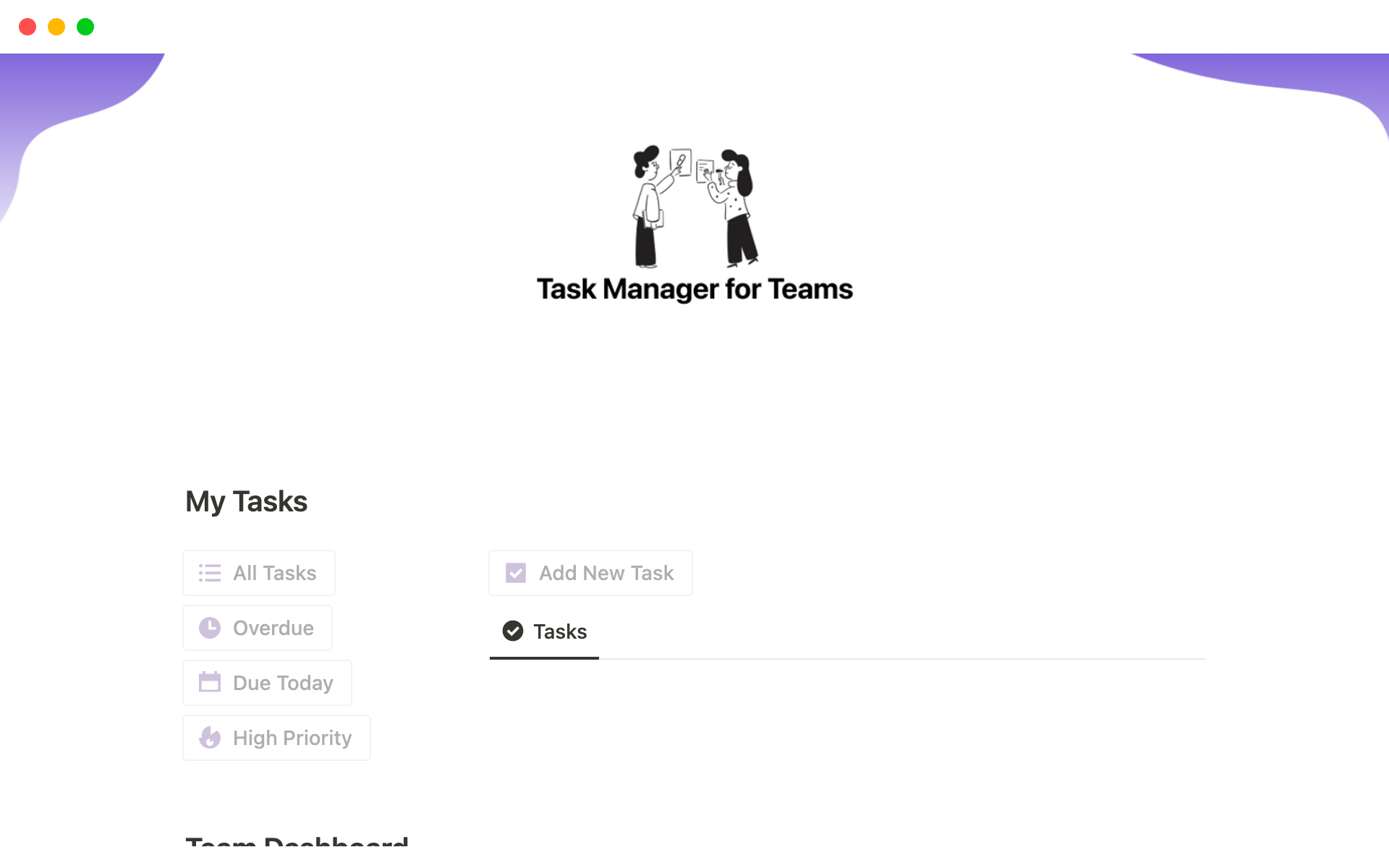 Our Notion template is a comprehensive task manager specifically designed for teams, providing a centralized and customizable platform for task delegation, progress tracking, and team collaboration.
