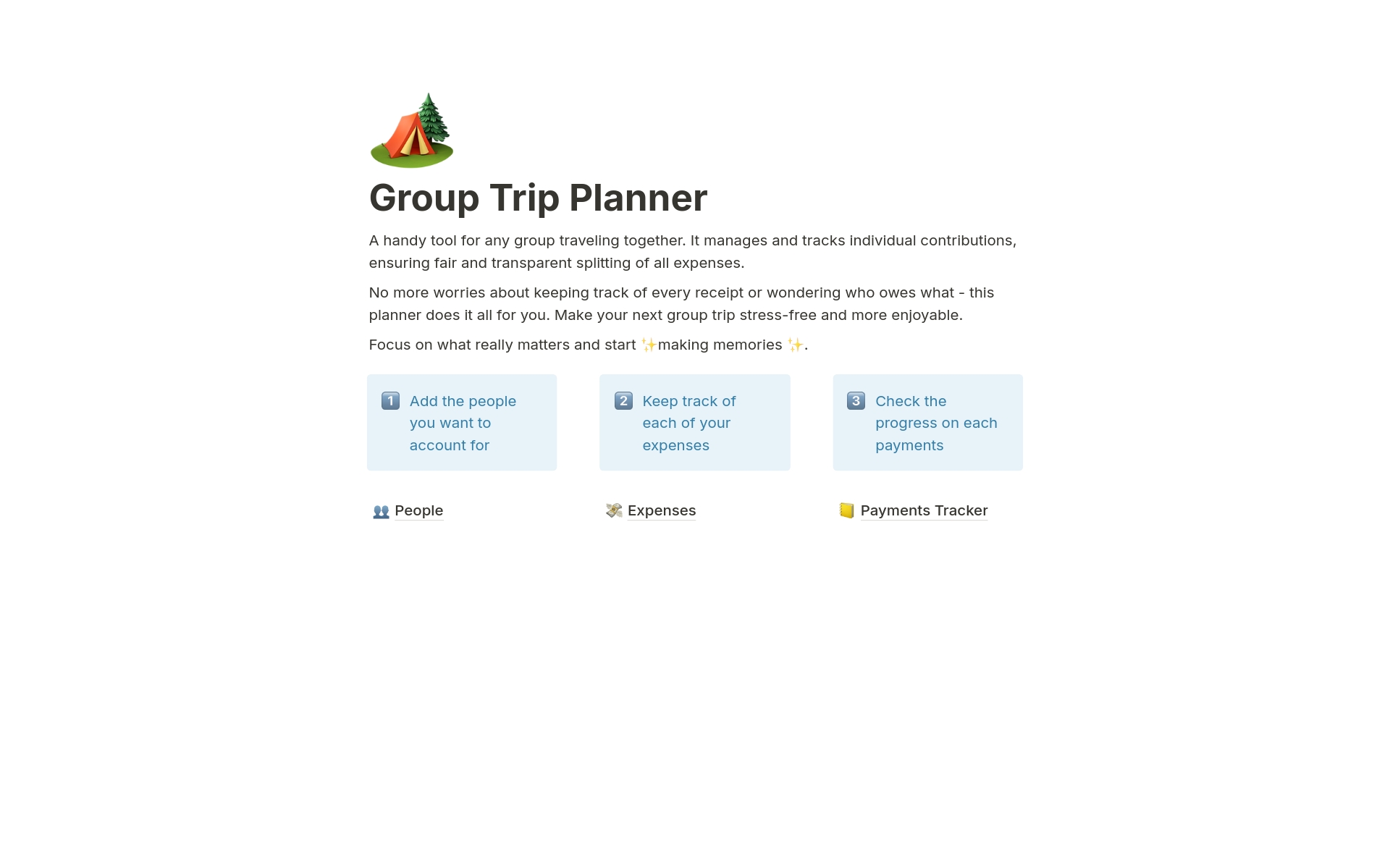 A template preview for Group Trip Planner