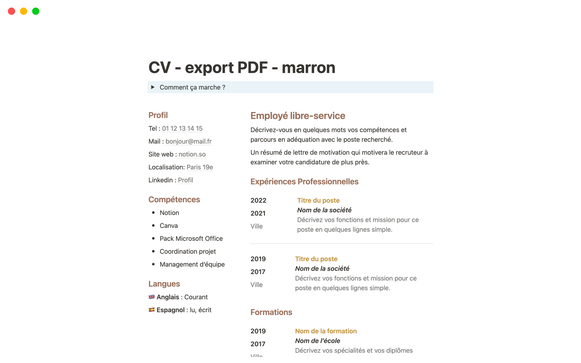 A template preview for CV simple pour export PDF - marron