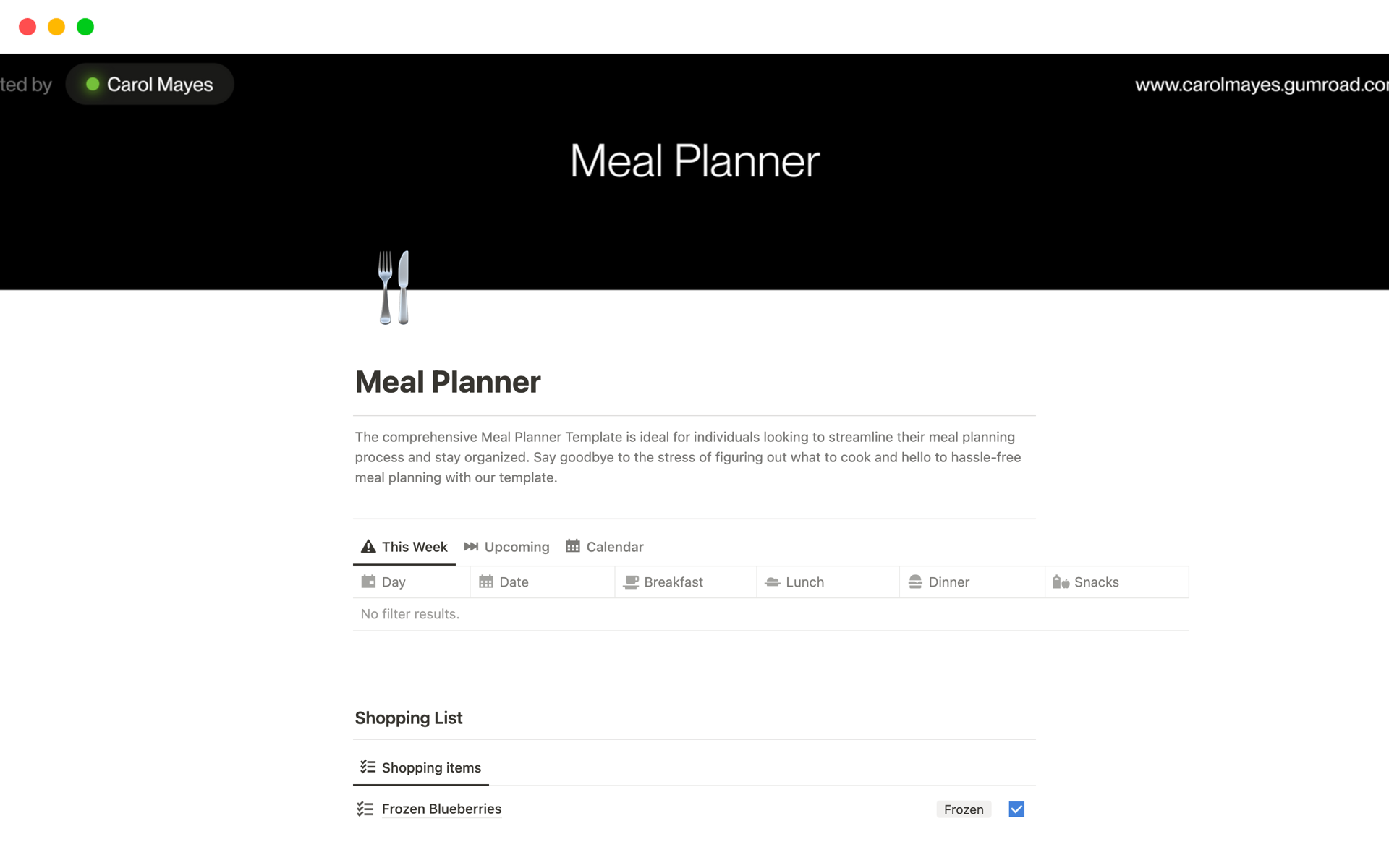 Uma prévia do modelo para Meal Planner