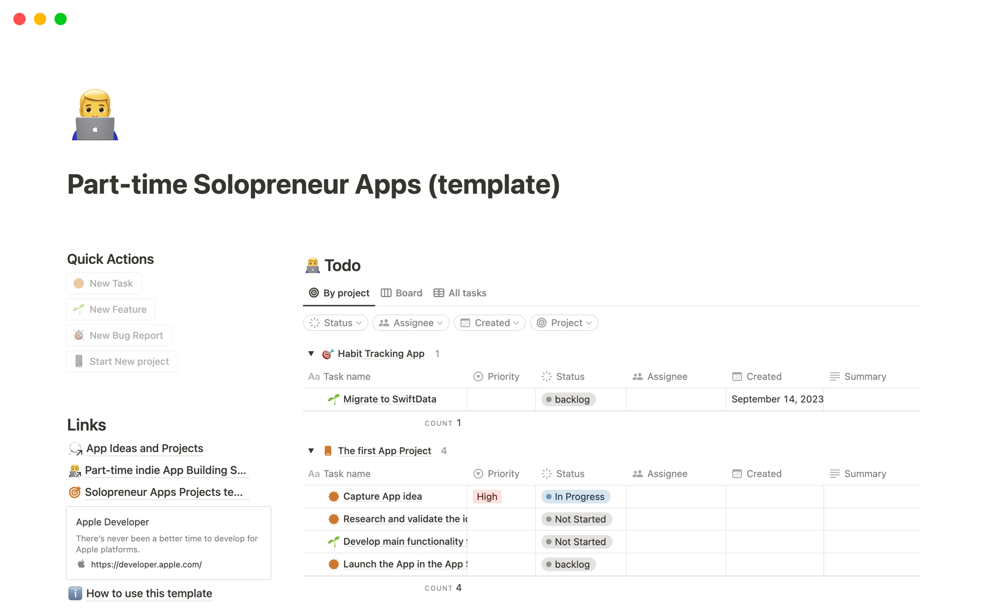A template preview for Part-time Solopreneur Apps 