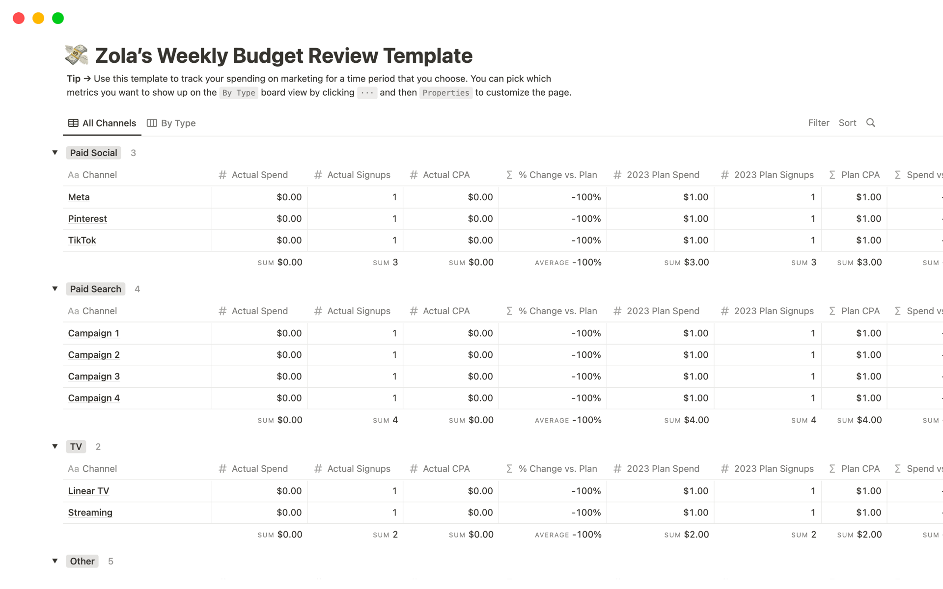 Eine Vorlagenvorschau für Weekly Budget Review